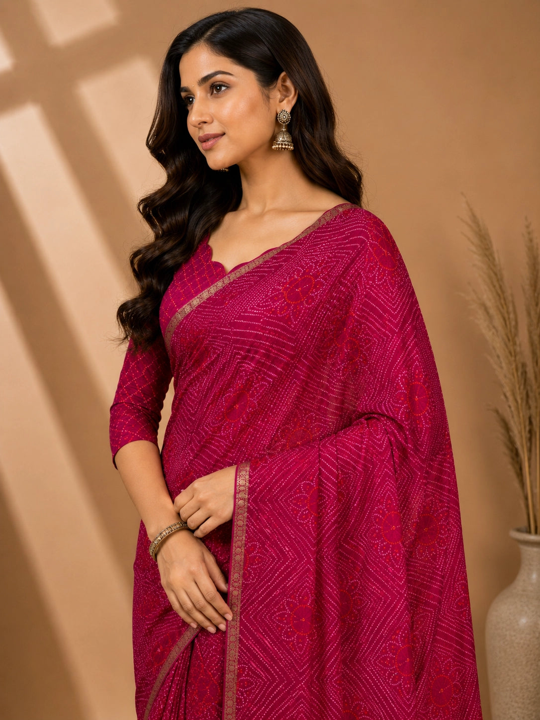 CA0721 Exclusive Pure Chinon Silk Bandhani Print Saree with Zari Weaving Border