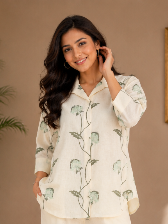 CA0803 Natural Cream Embroidered Pure Cotton Co-Ord Set