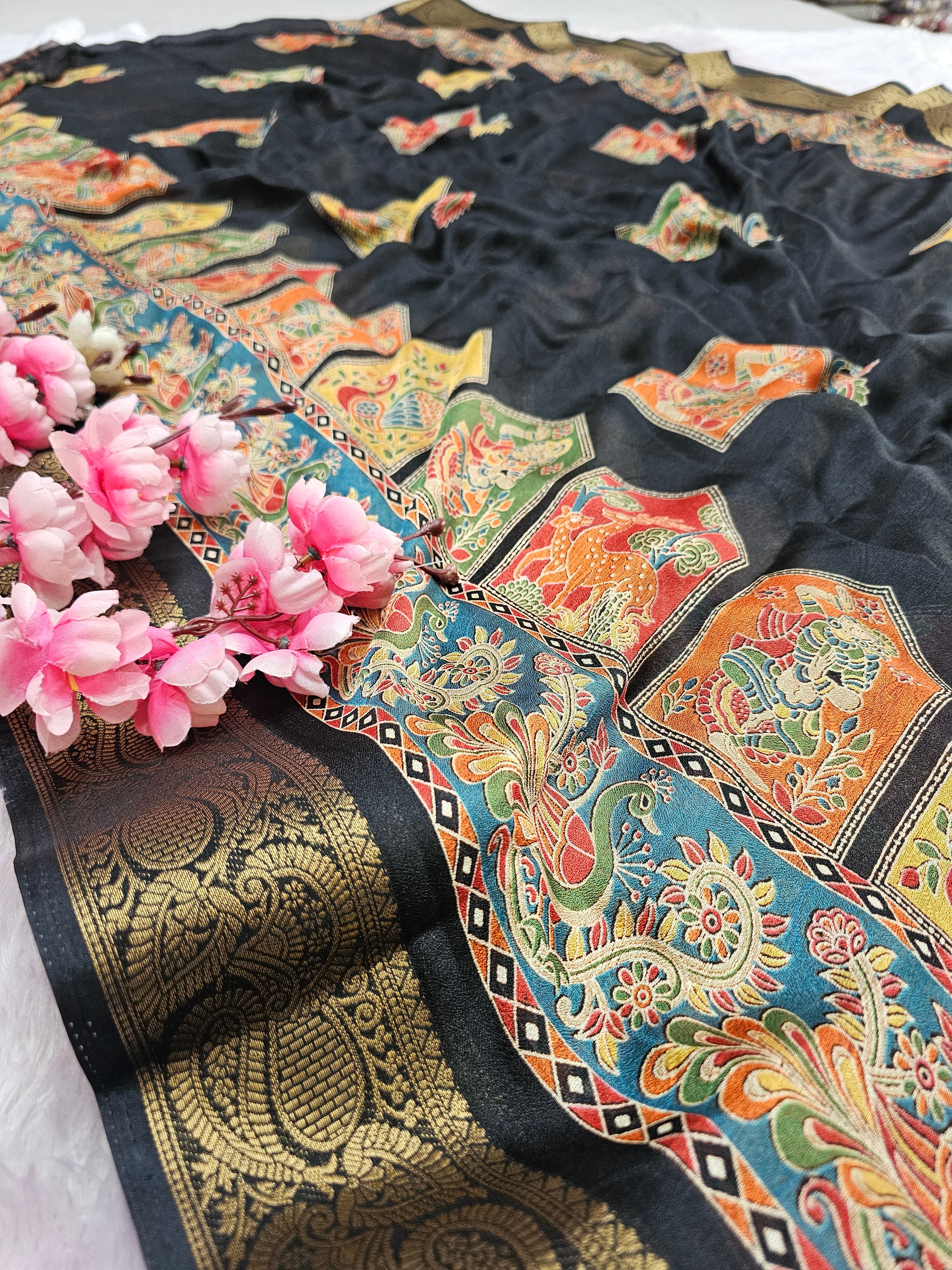 994004 Premium Kashmiri Print Self Weaving Crepe Silk Saree With Zari Weaving Border - Black