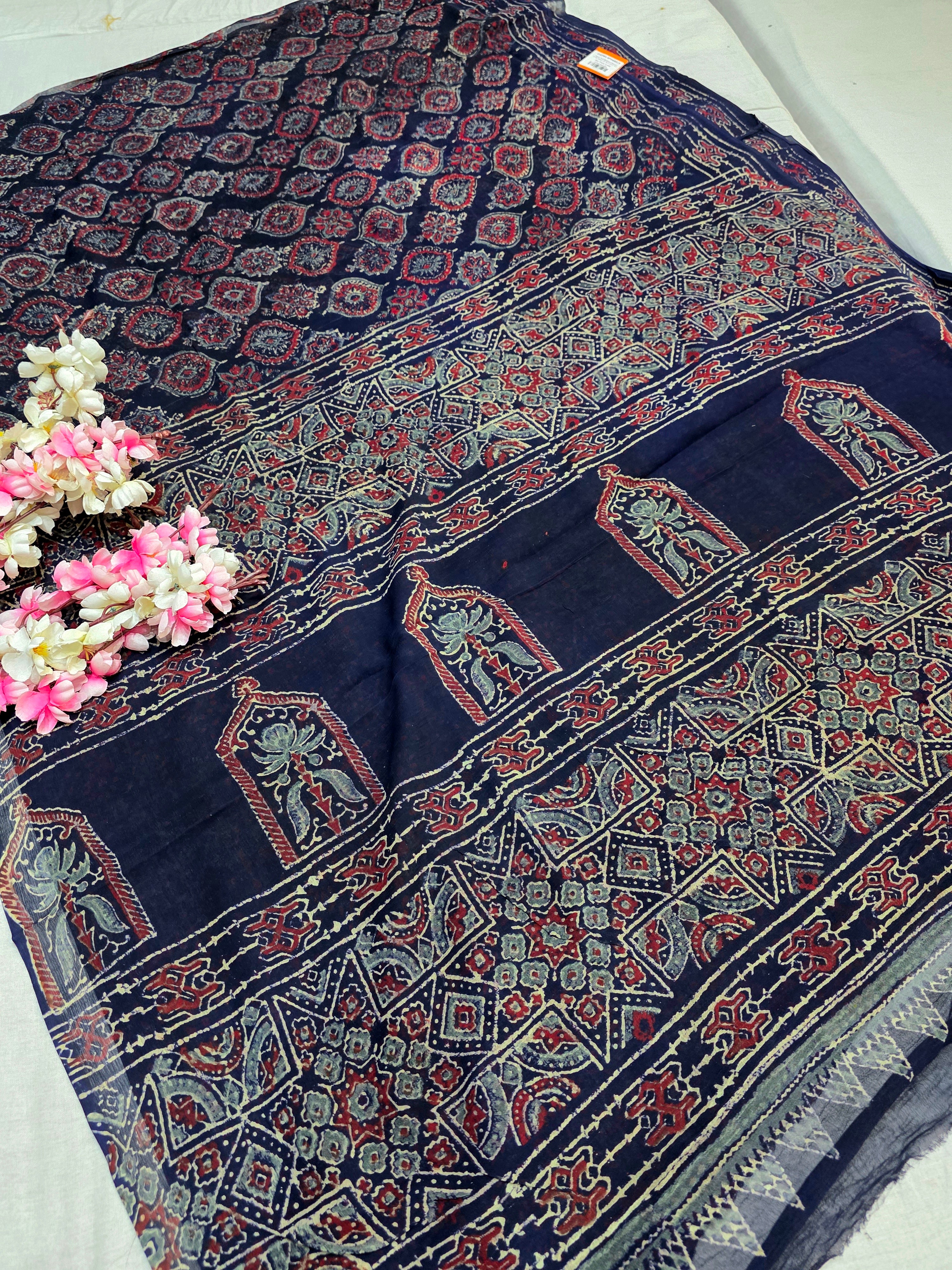 104301 Pure Rajasthani Diamond Chiffon Saree with Hand Ajrakh Print