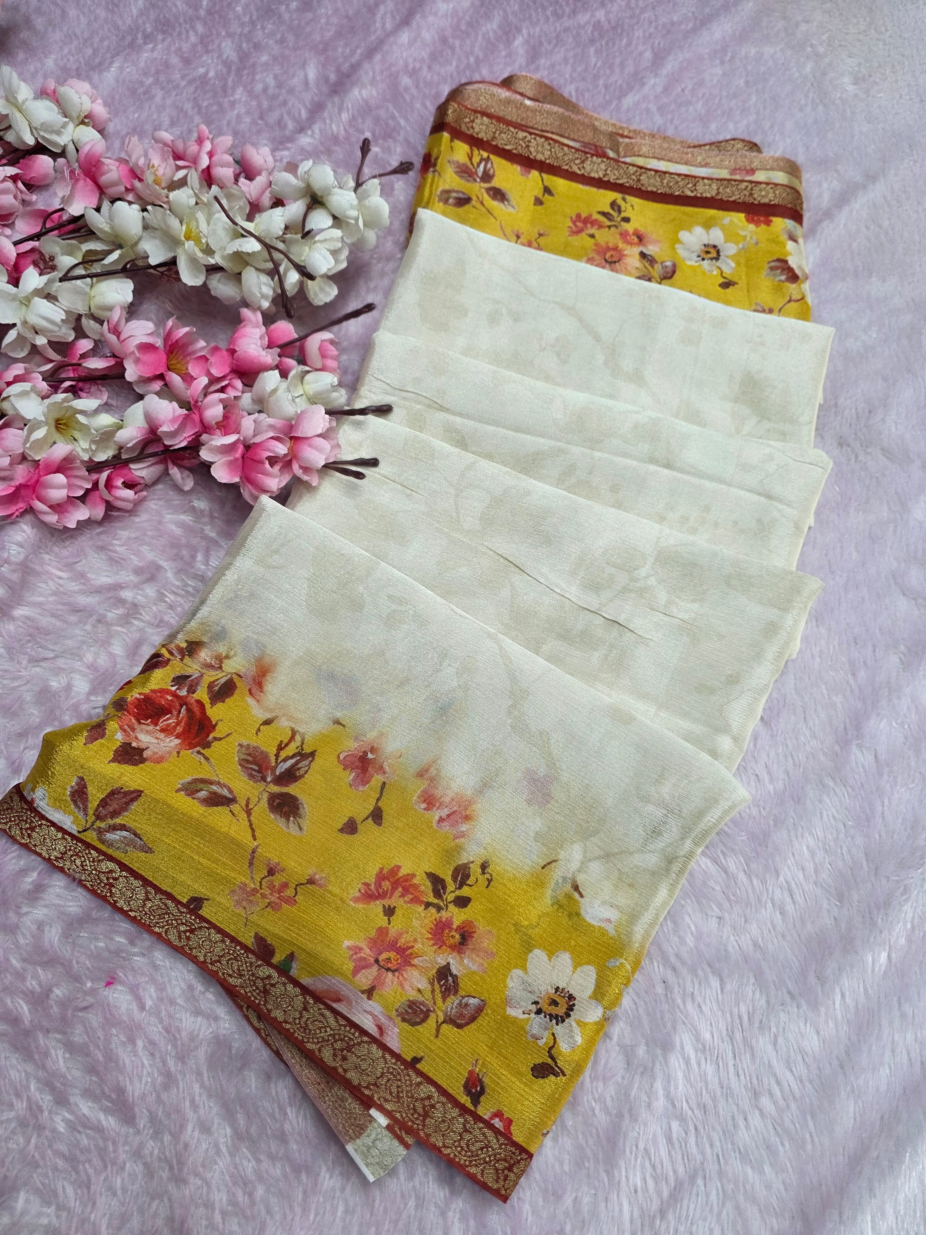 CA0824 Pure Chinon Silk Flower Print Saree - Cream Yellow
