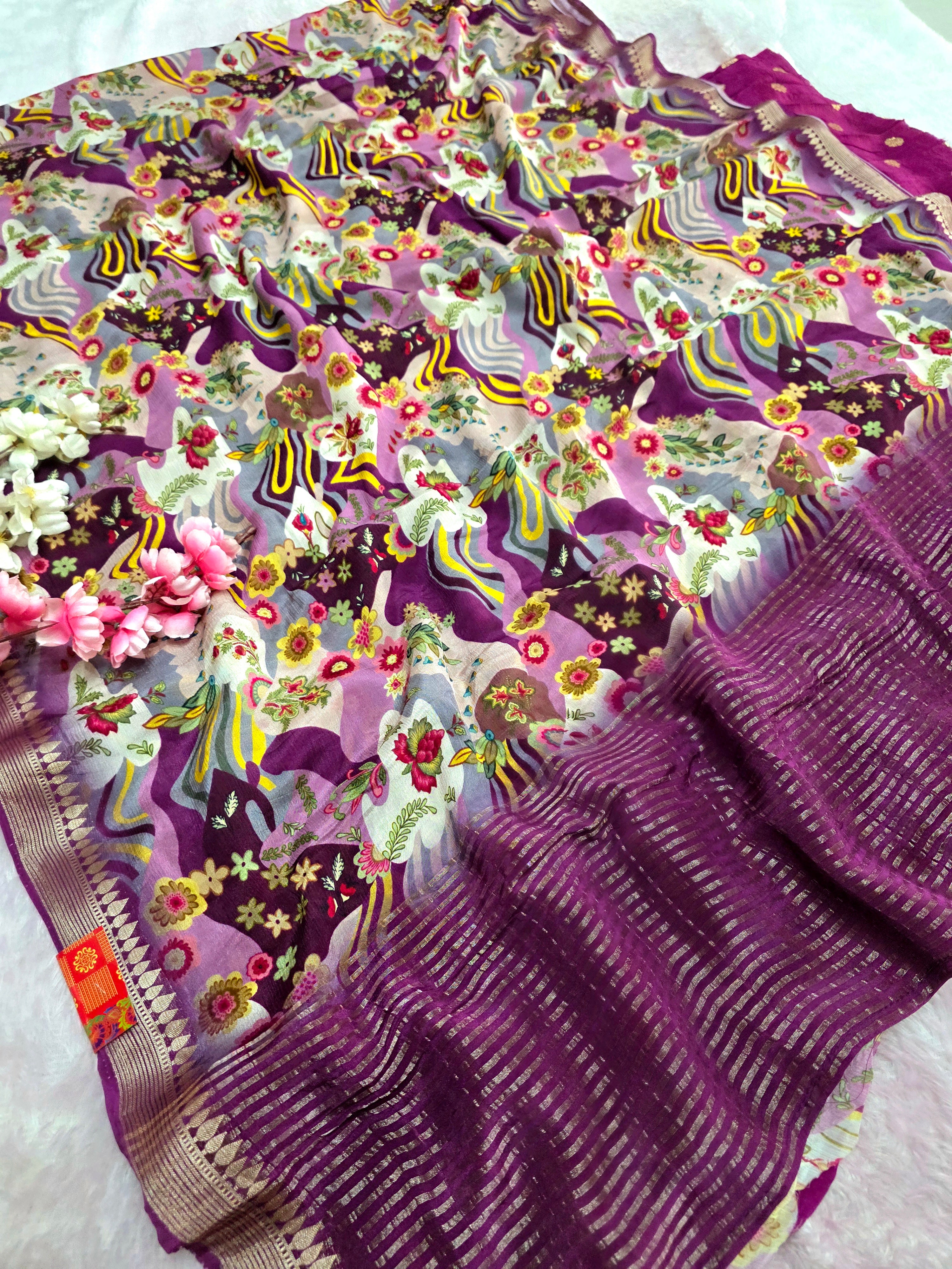 CA0970 Chitra Exclusive Pure Chinon Silk Flower Printed Saree With Zari border