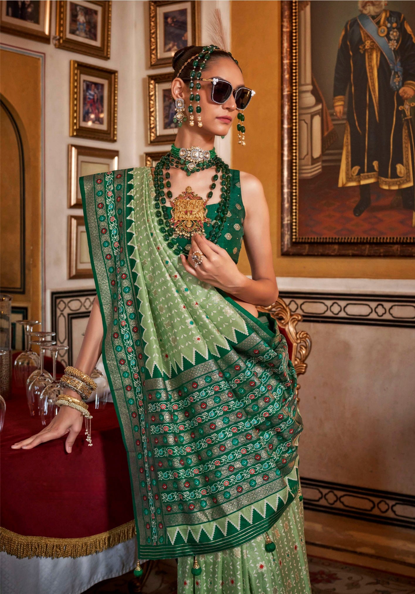 100705 Premium Patola Print Silk Saree With Gold Print - Green