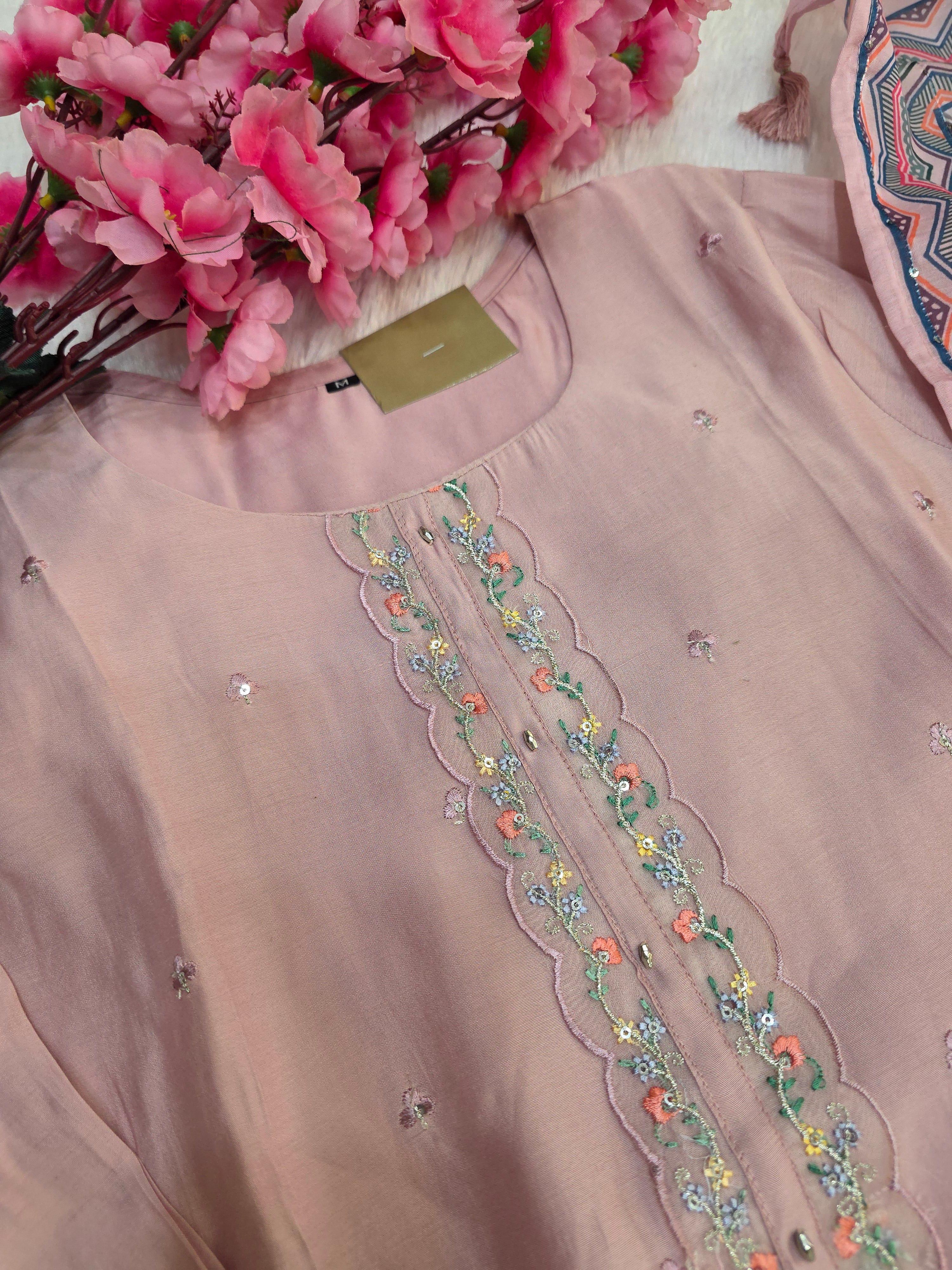 C81003 Designer Silk Straight Kurti Set With Pant and Dupatta