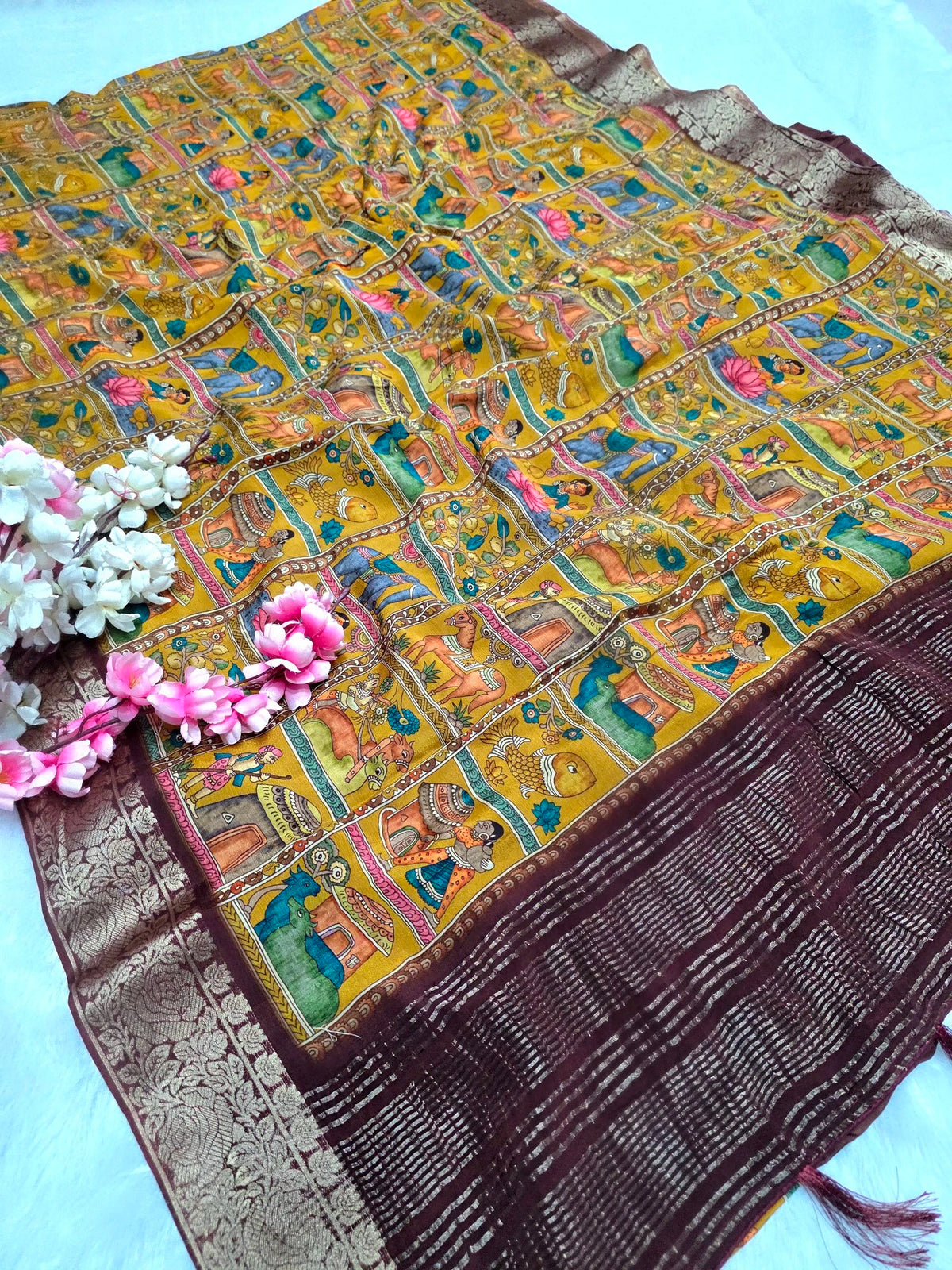 CA1538 Pure Chinon Silk Traditional Kalamkari Mustered Color Saree with Zari Weaving Border