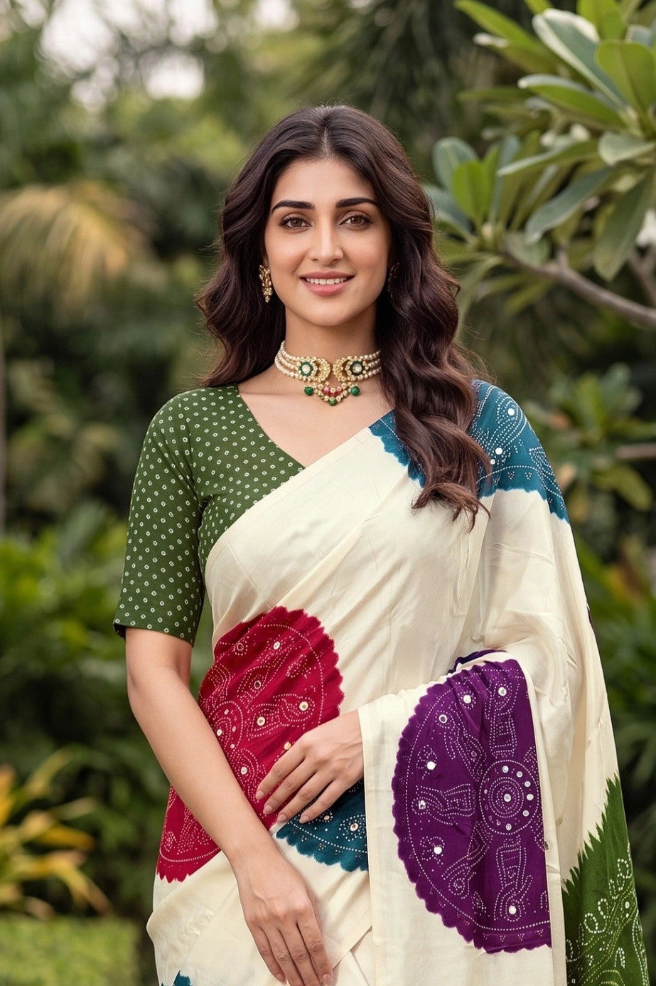 CA1499 Trending Mirror Work Ajrakh Patola Print Semi Modal Silk Saree - Green