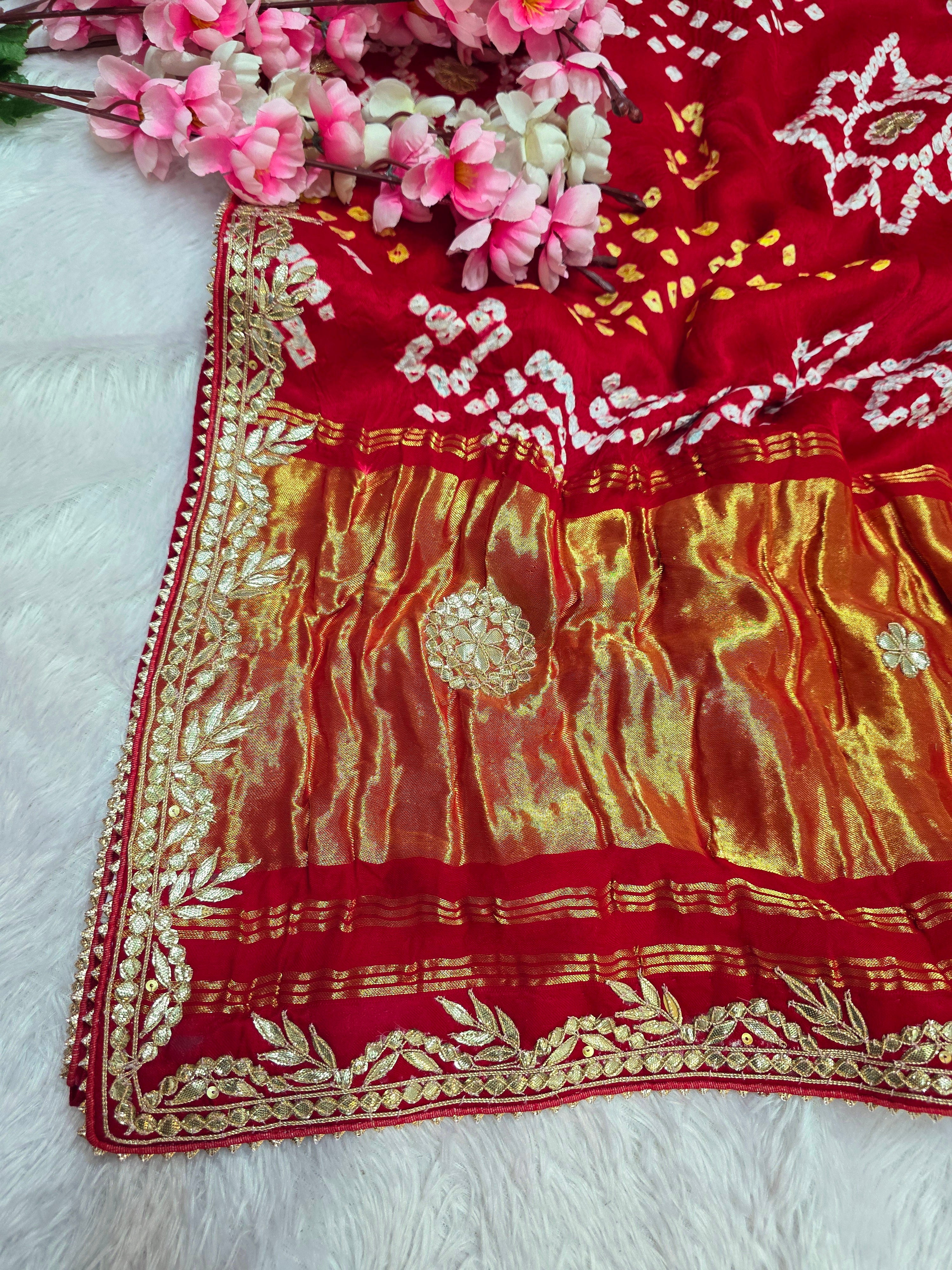 12196 Exclusive Modal Silk Bandhani Saree With Gota Patti Hand Work - Red