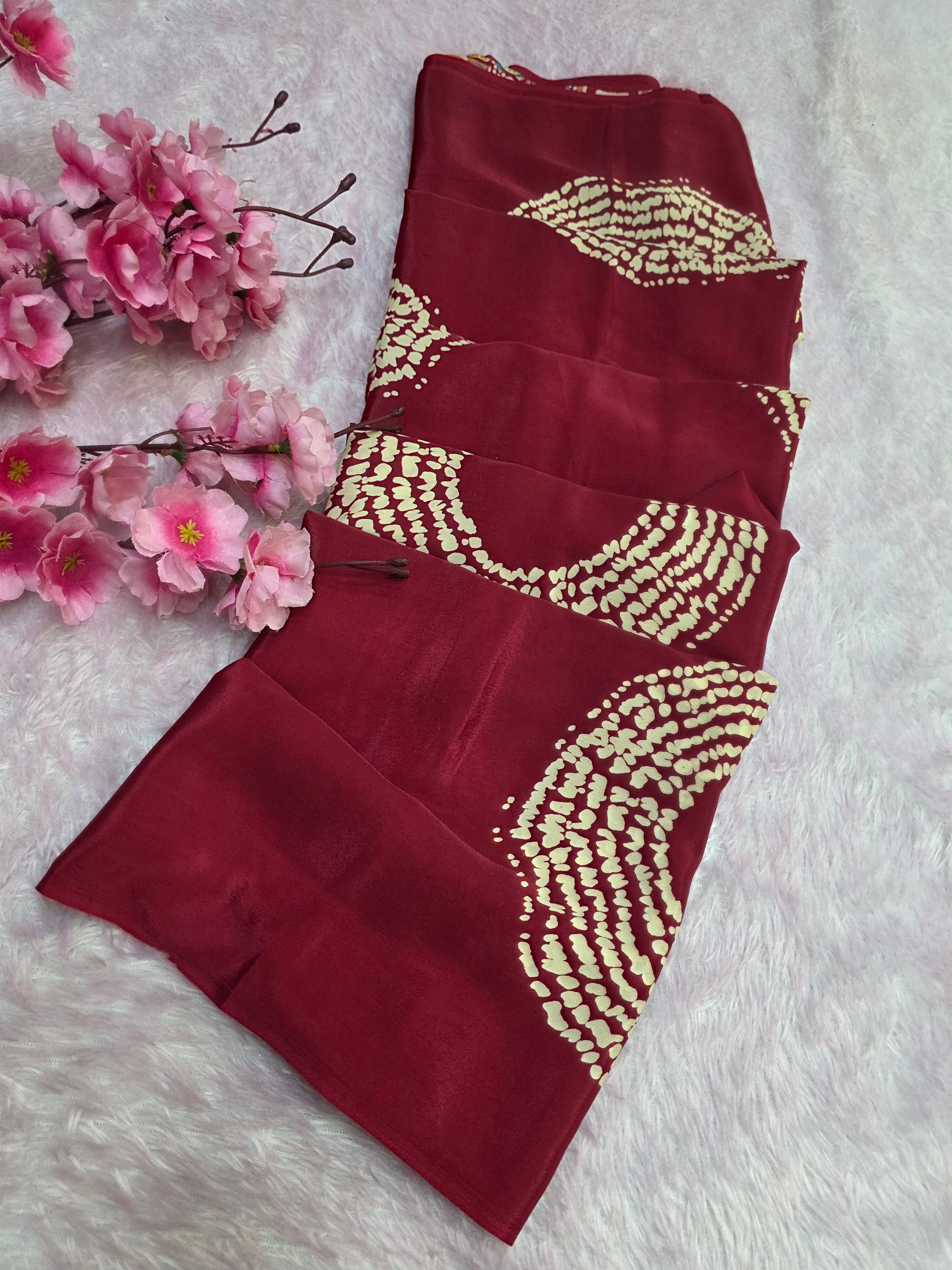 939002 Traditional Ajrakh Print with Shibori Satin Silk Saree - Maroon Red