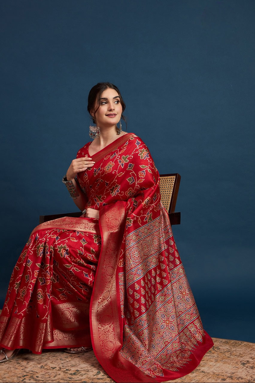 911001 Soft Cotton Silk Patola Print Saree with Banarasi Border - Red