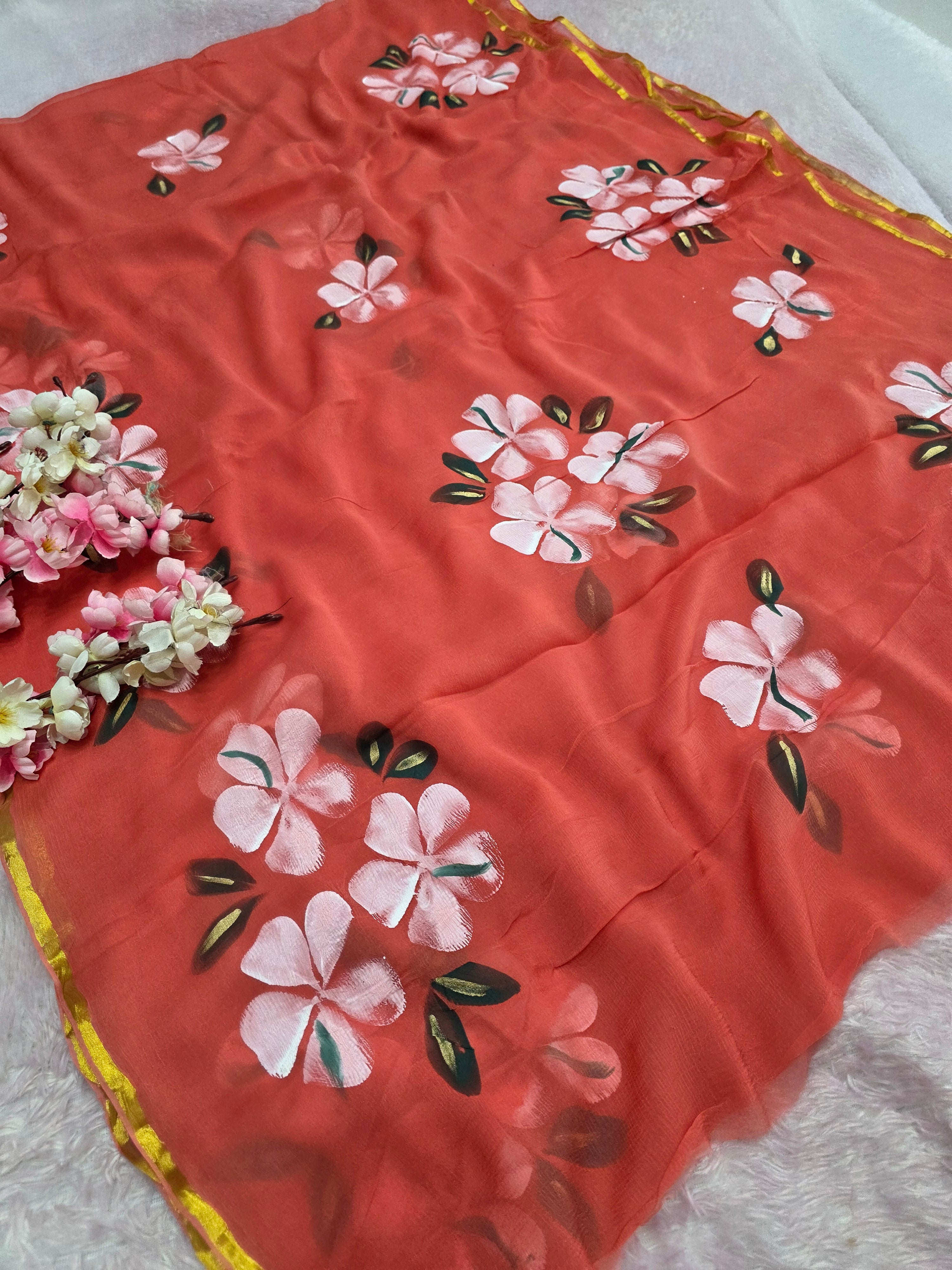 103402 Pure Rajasthani Diamond Chiffon Saree with Hand Painted Flower Print and Zari Weaving in full Saree