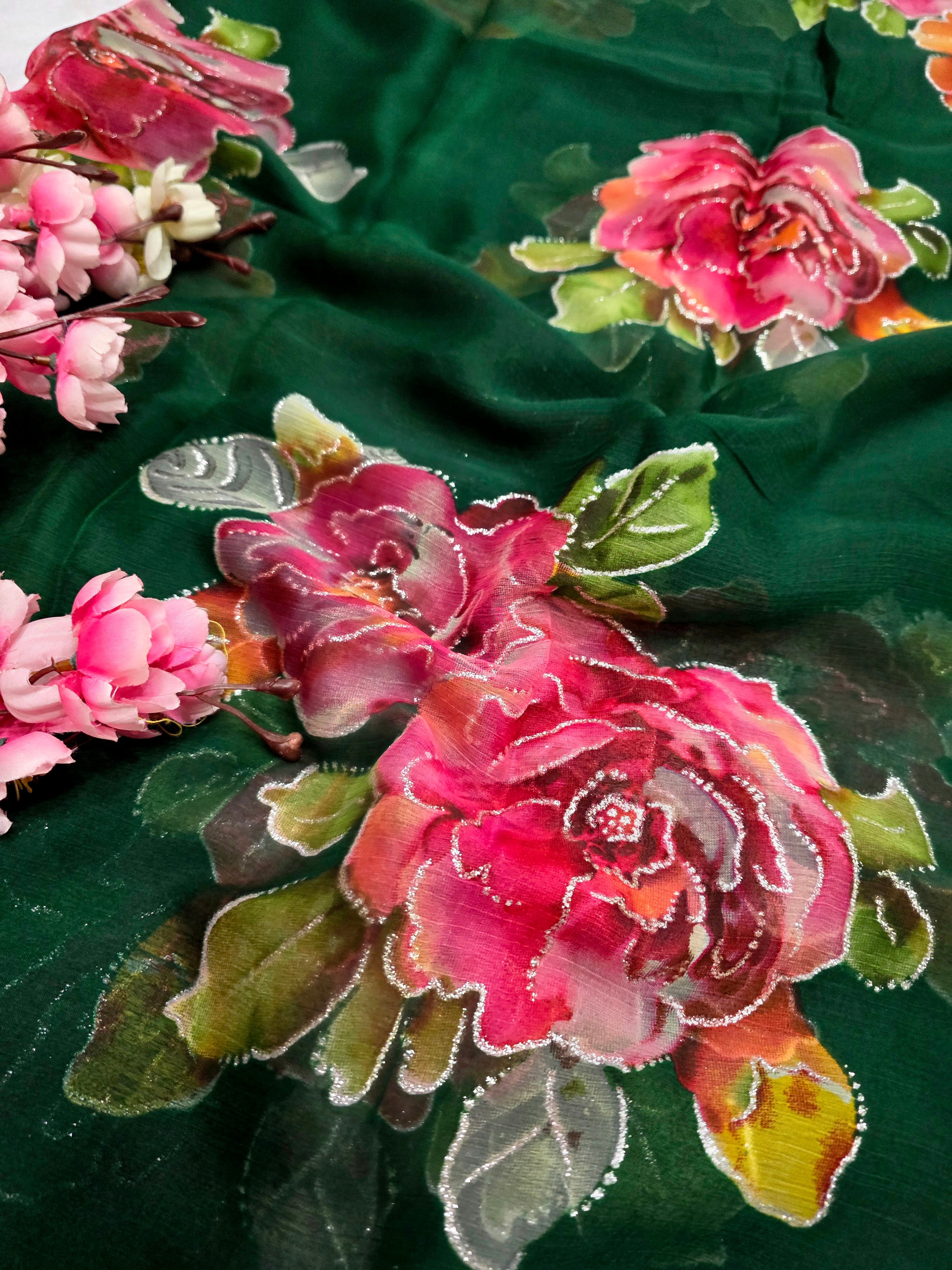 991002 Lightweight Elegant Semi Chiffon Flower Print Saree with Zari Print - Green