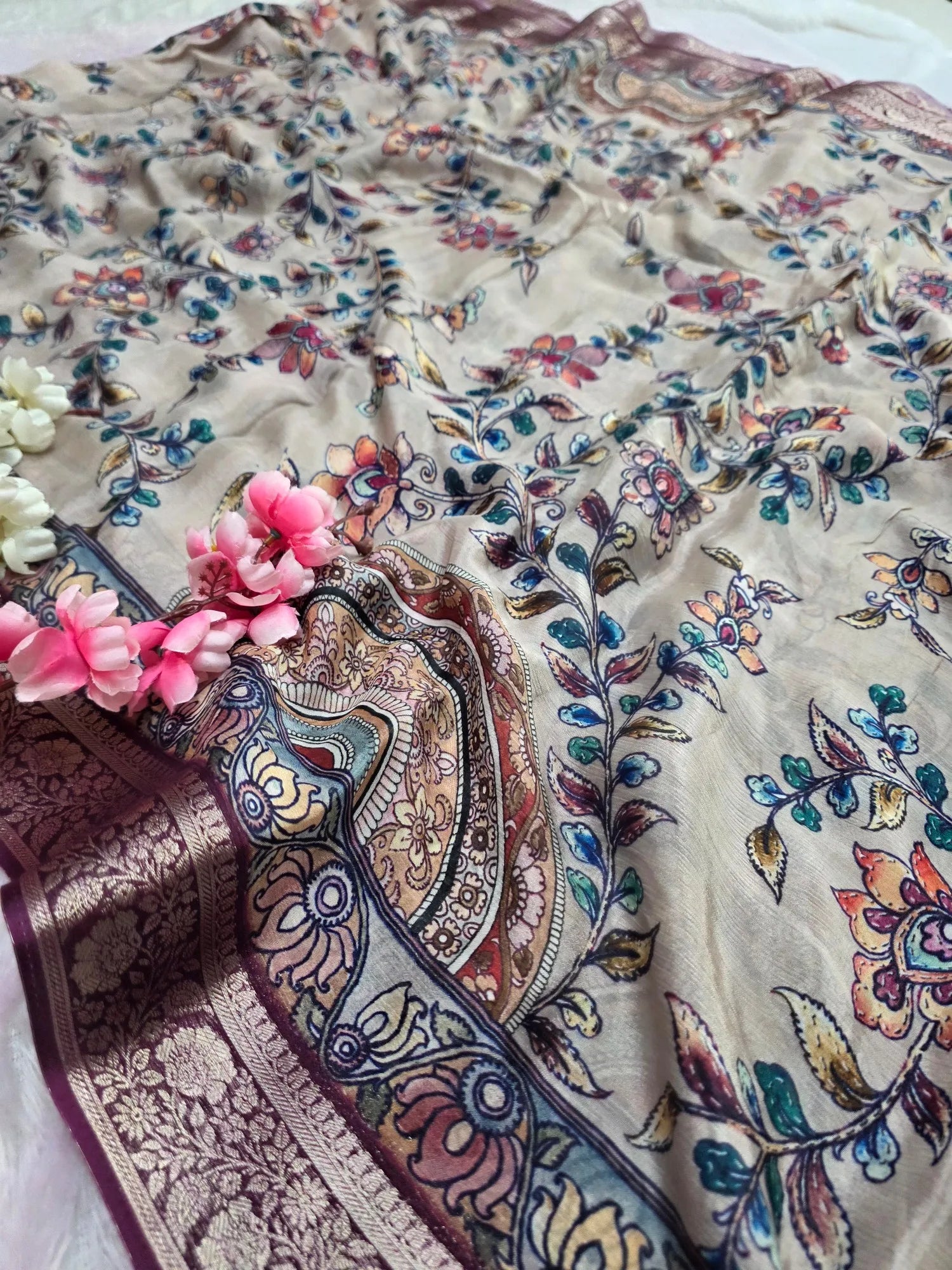 CA0988 Chitra Exclusive Pure Chinon Silk Flower Printed Saree With Zari border
