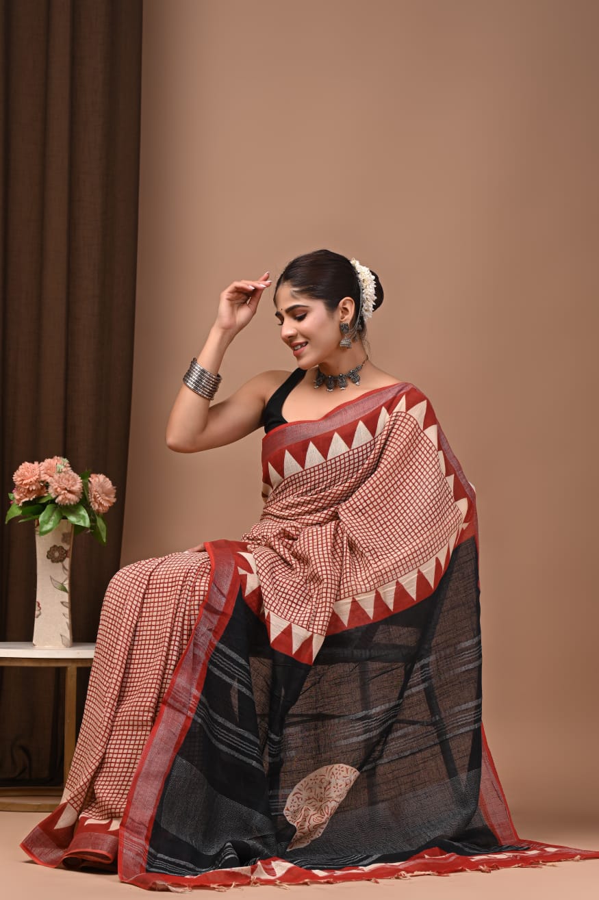 100502 Pure Rajasthani Natural Cotton Linen Hand Printed Saree