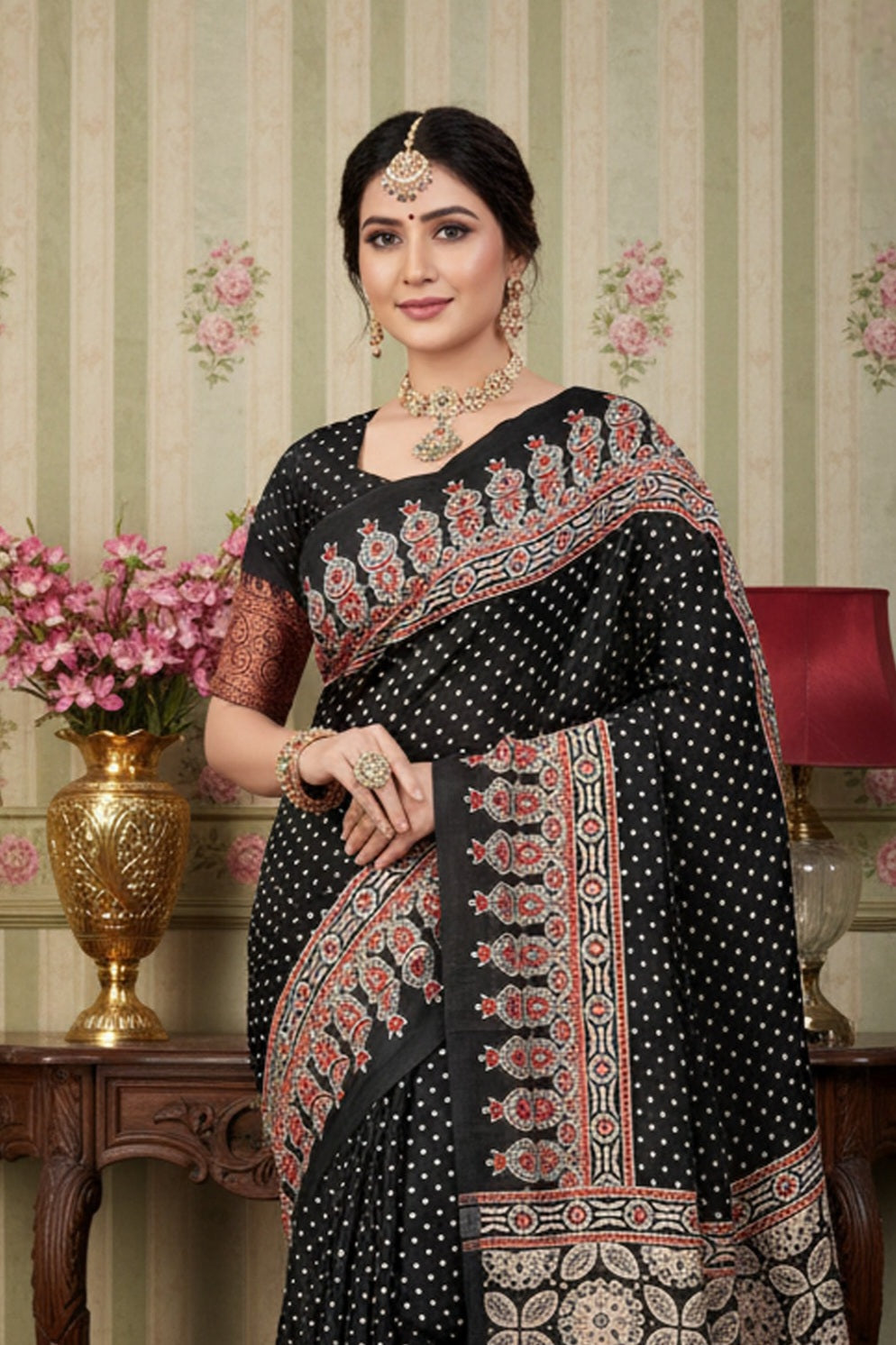 937004 Traditional Ajrakh Print Satin Silk Saree - Black