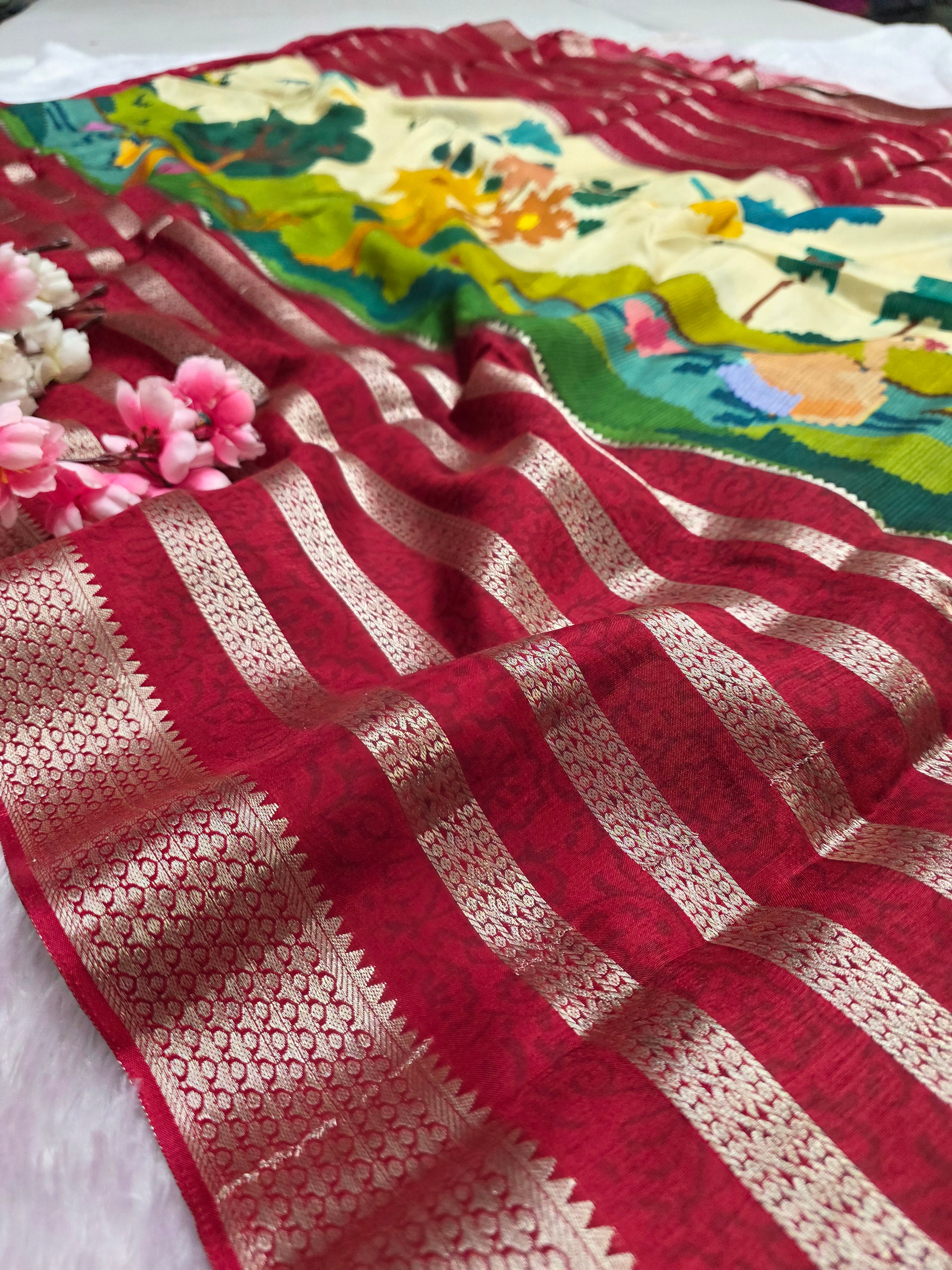 शुद्ध टसर सिल्क हाथ से बनी लेहरिया साड़ी प्रीमियम गोटापट्टी वर्क के साथ - 8837