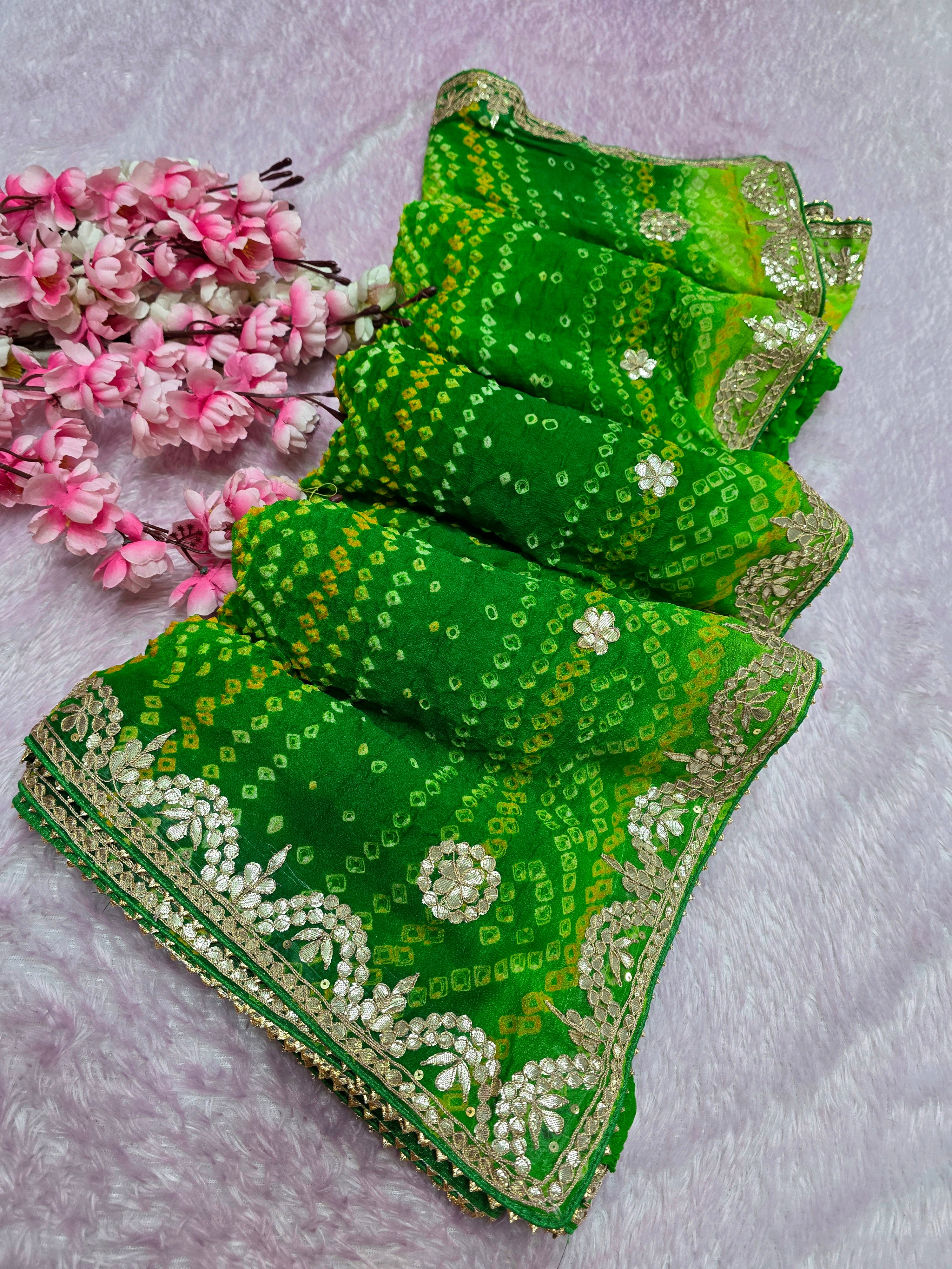 12485 Traditional Rajasthani Pure Ojariya Rai Bandhani Green Saree With Premium Gotapatti Work