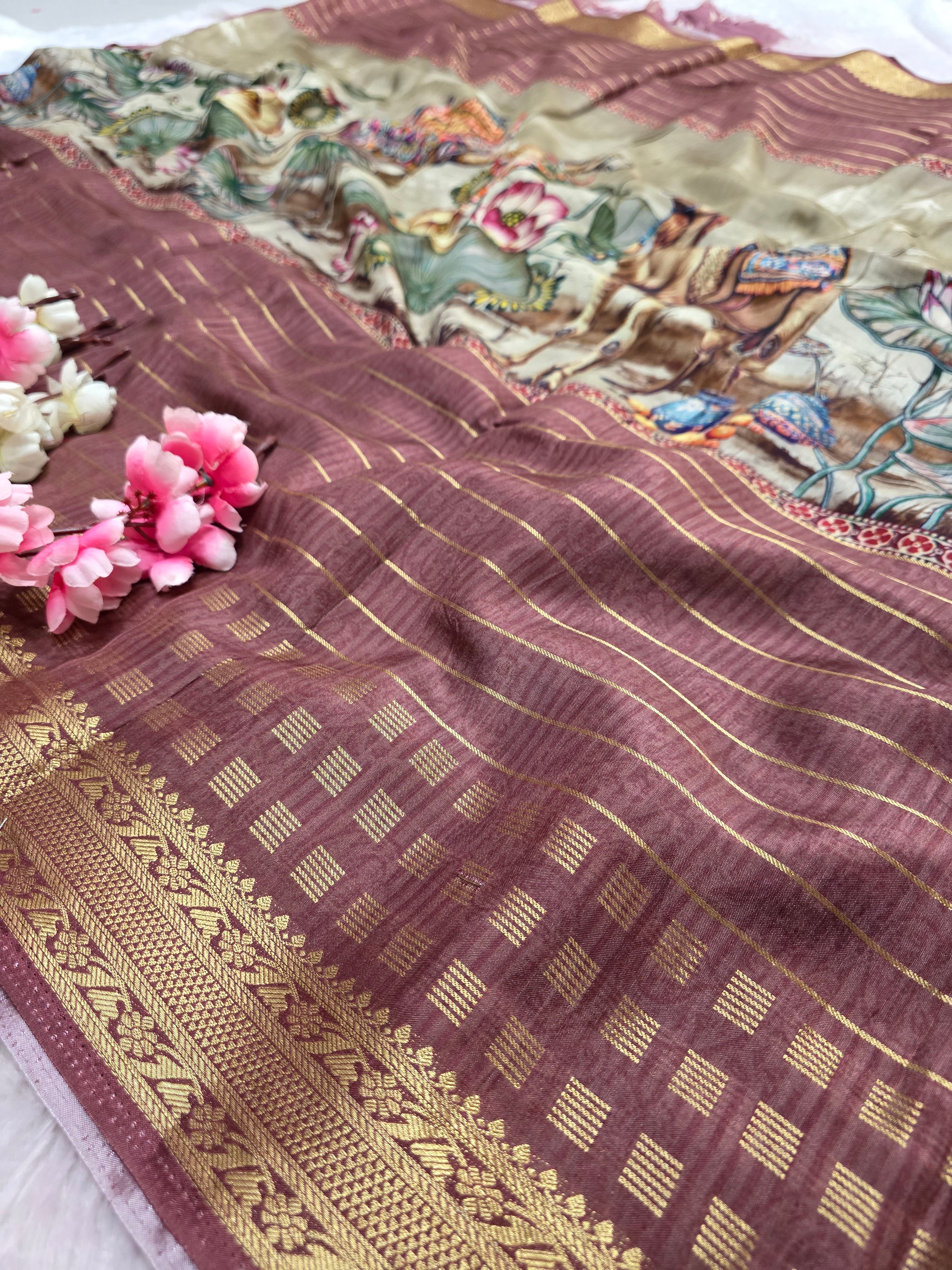 शुद्ध टसर सिल्क हाथ से बनी लेहरिया साड़ी प्रीमियम गोटापट्टी वर्क के साथ - 8837