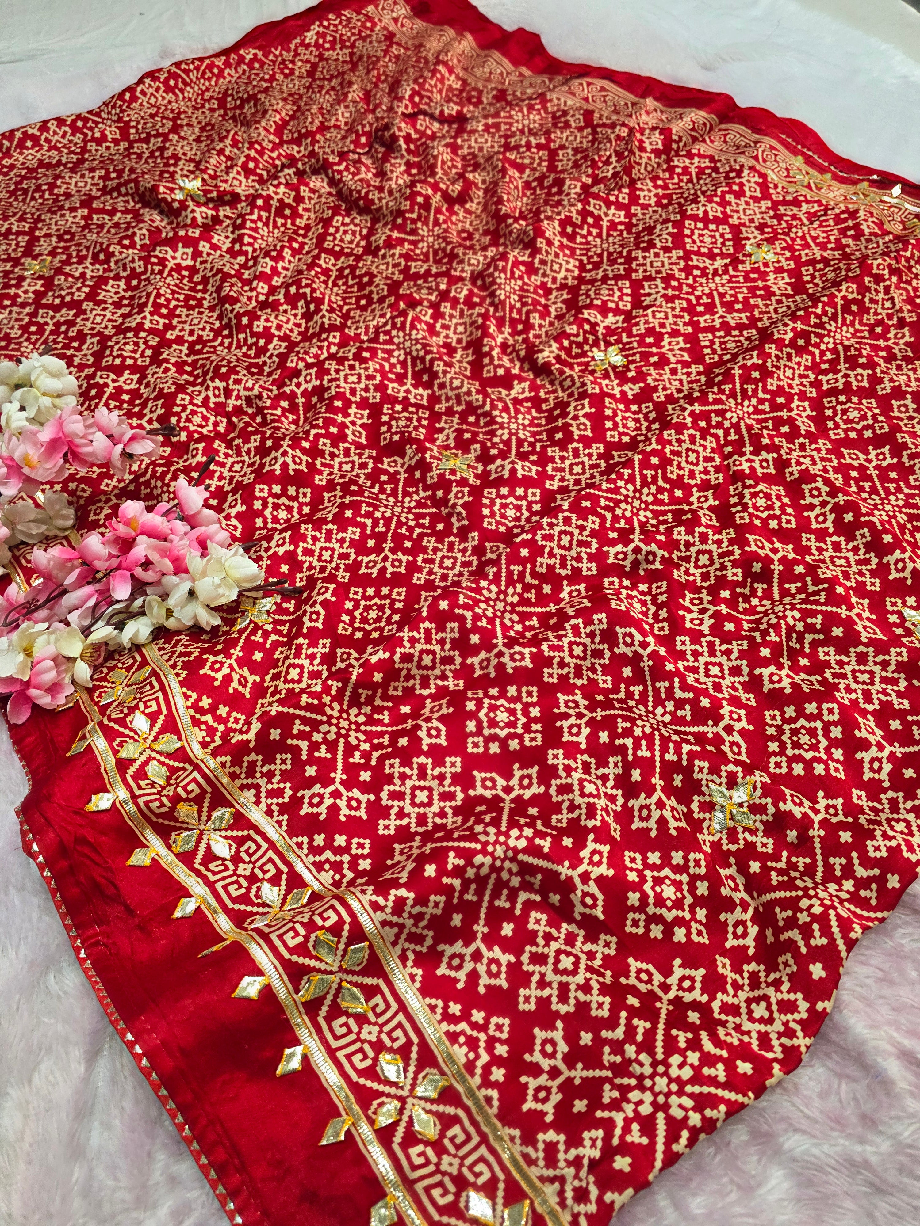 CA0692 Pure Modal Silk Patola Ajrakh Saree With hand Gota Patti Work