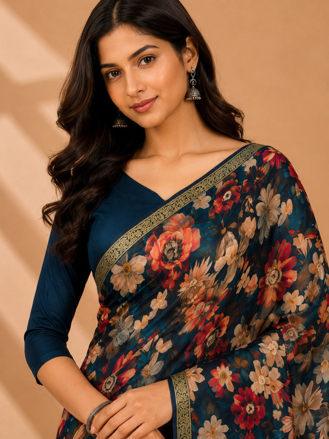 CA0825 Pure Chinon Silk Flower Print Saree - Teal Blue