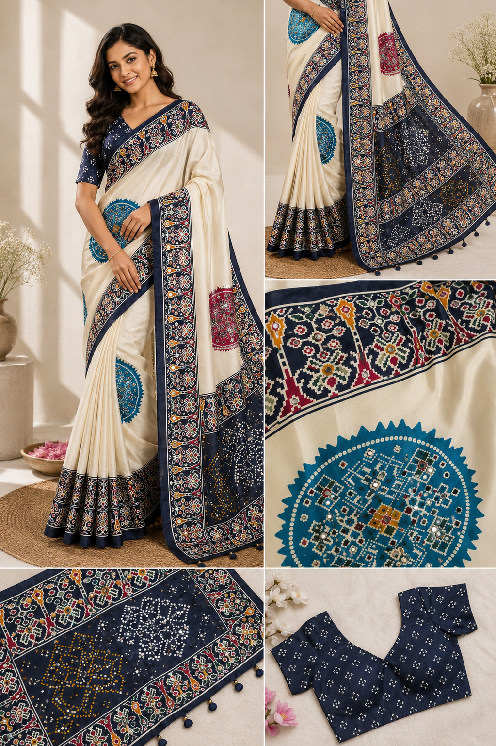 CA0768 Trending Mirror Work Ajrakh Patola Print Semi Modal Silk Saree - Blue