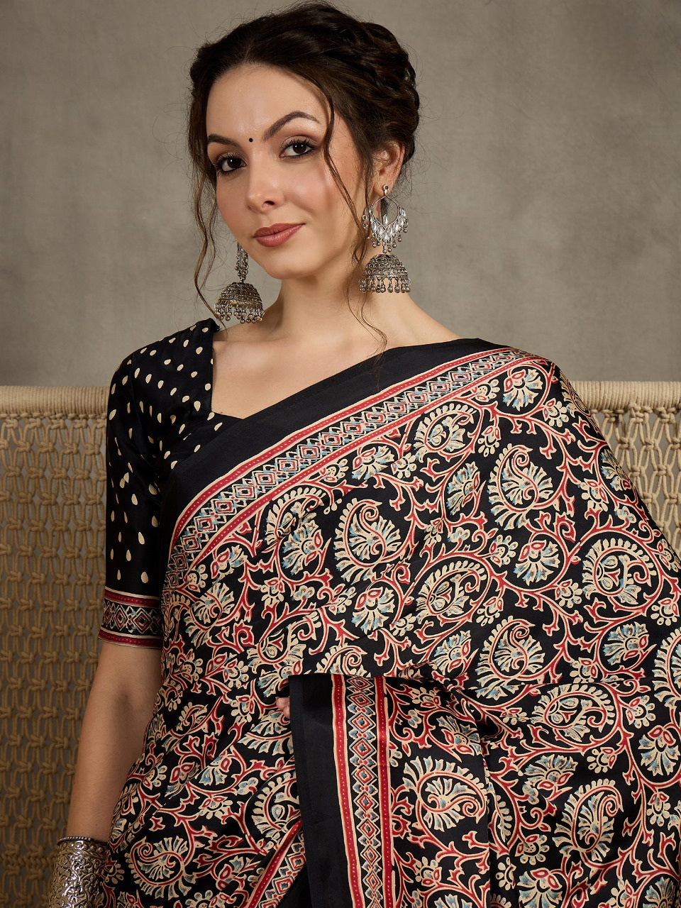823003 Trending Ajrakh Print Semi Modal Silk Black Saree