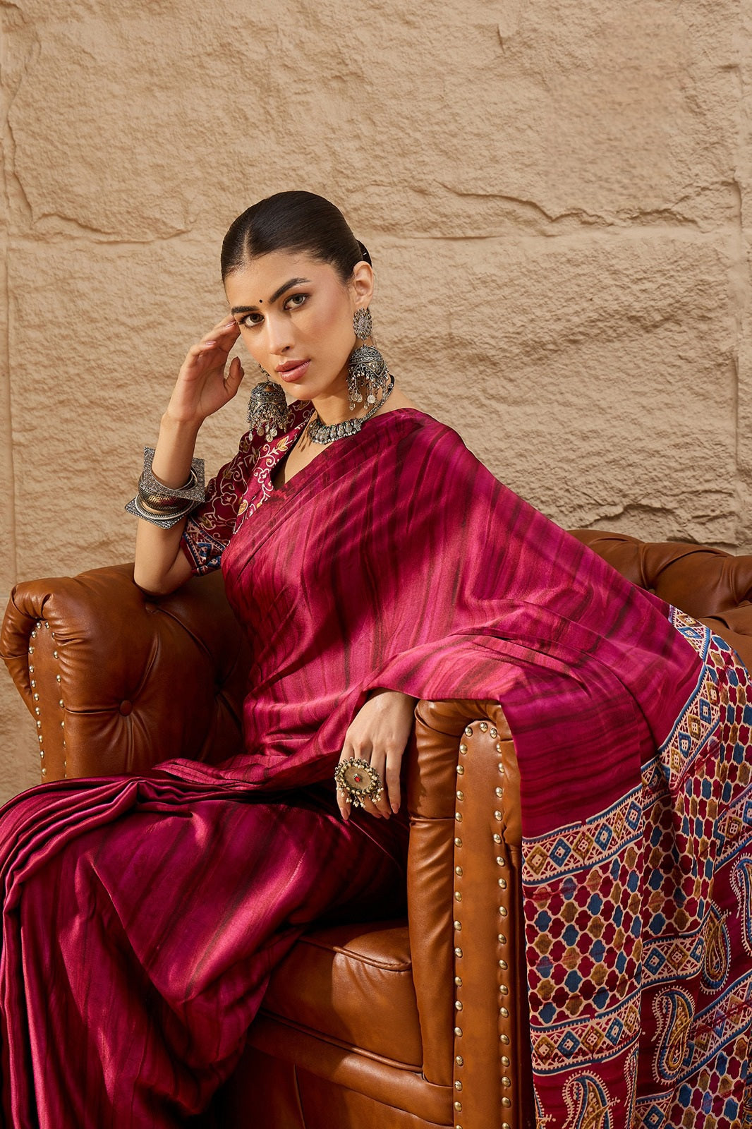 917007 Trending Ajrakh Print with Shibbori Semi Modal Silk Saree - Wine