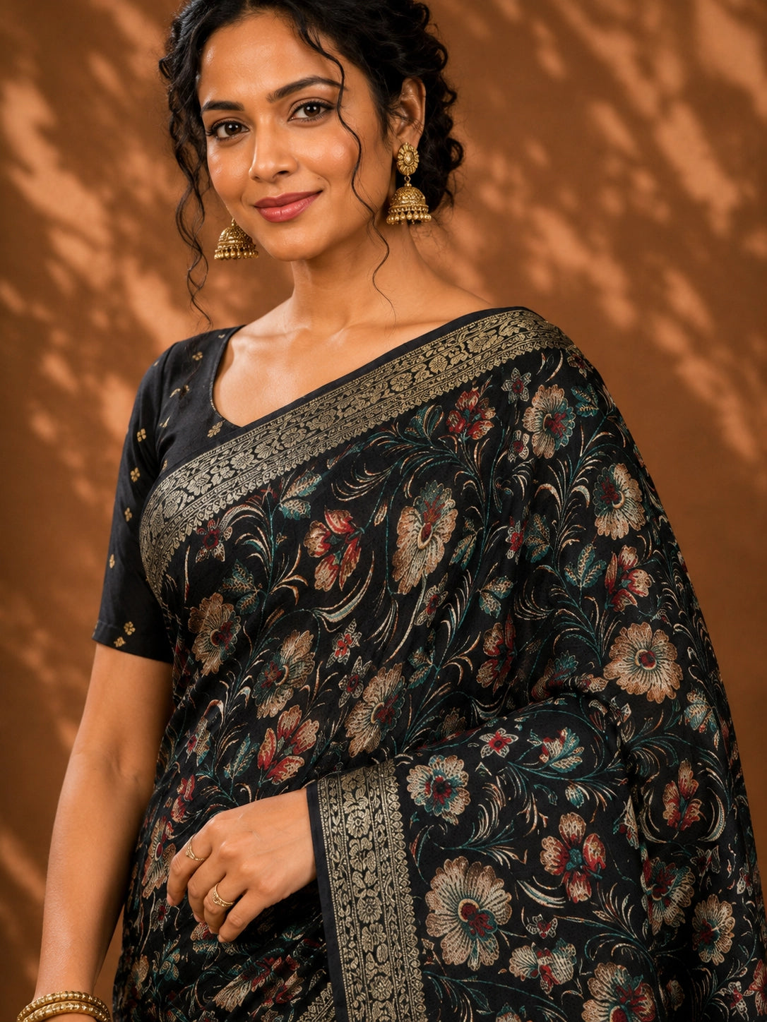 CA0706 Chinon Silk Traditional Print Black saree