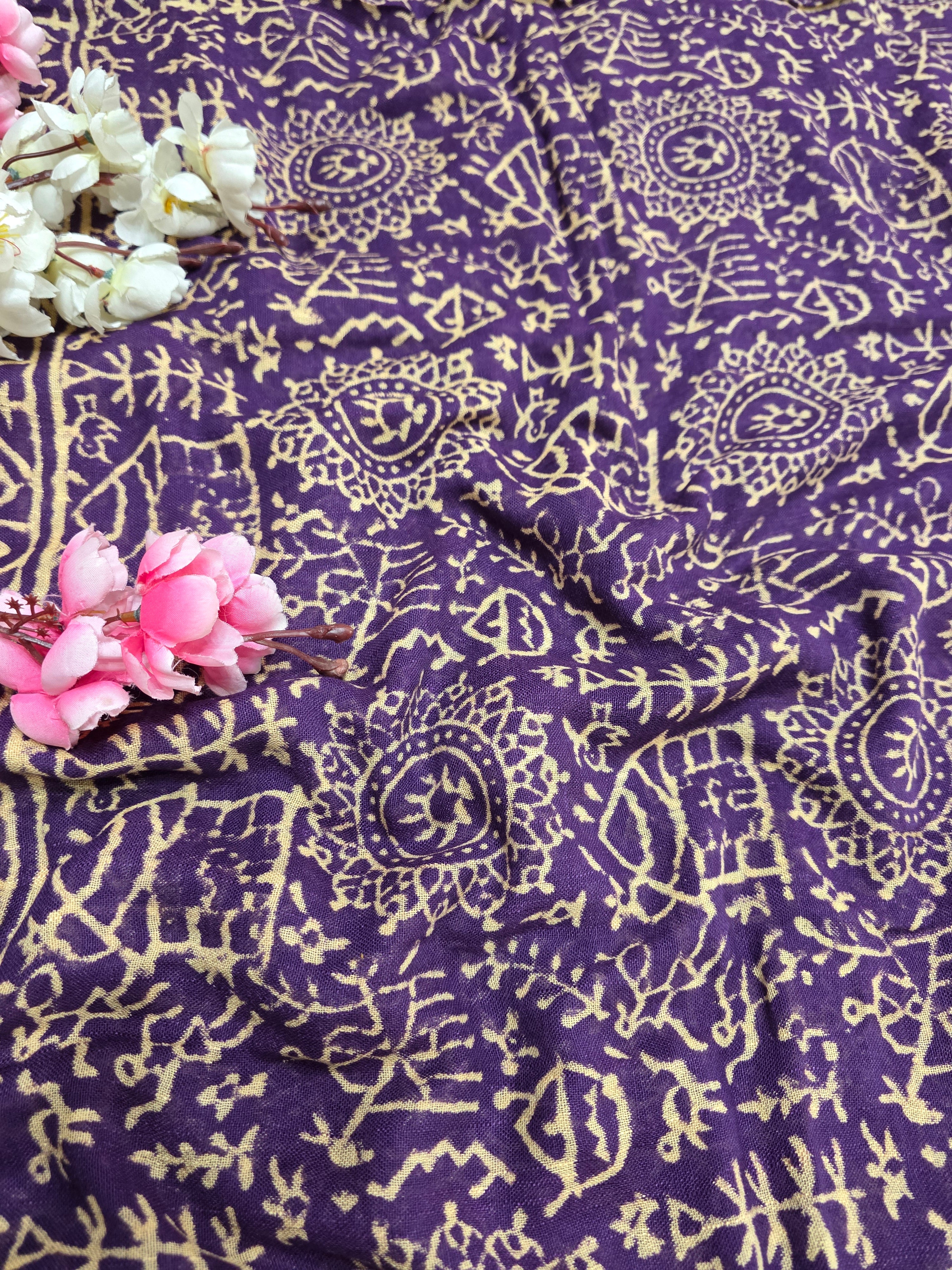 CA1443 Pure Rajasthani Linen Saree With Hand Print Purple Black Saree