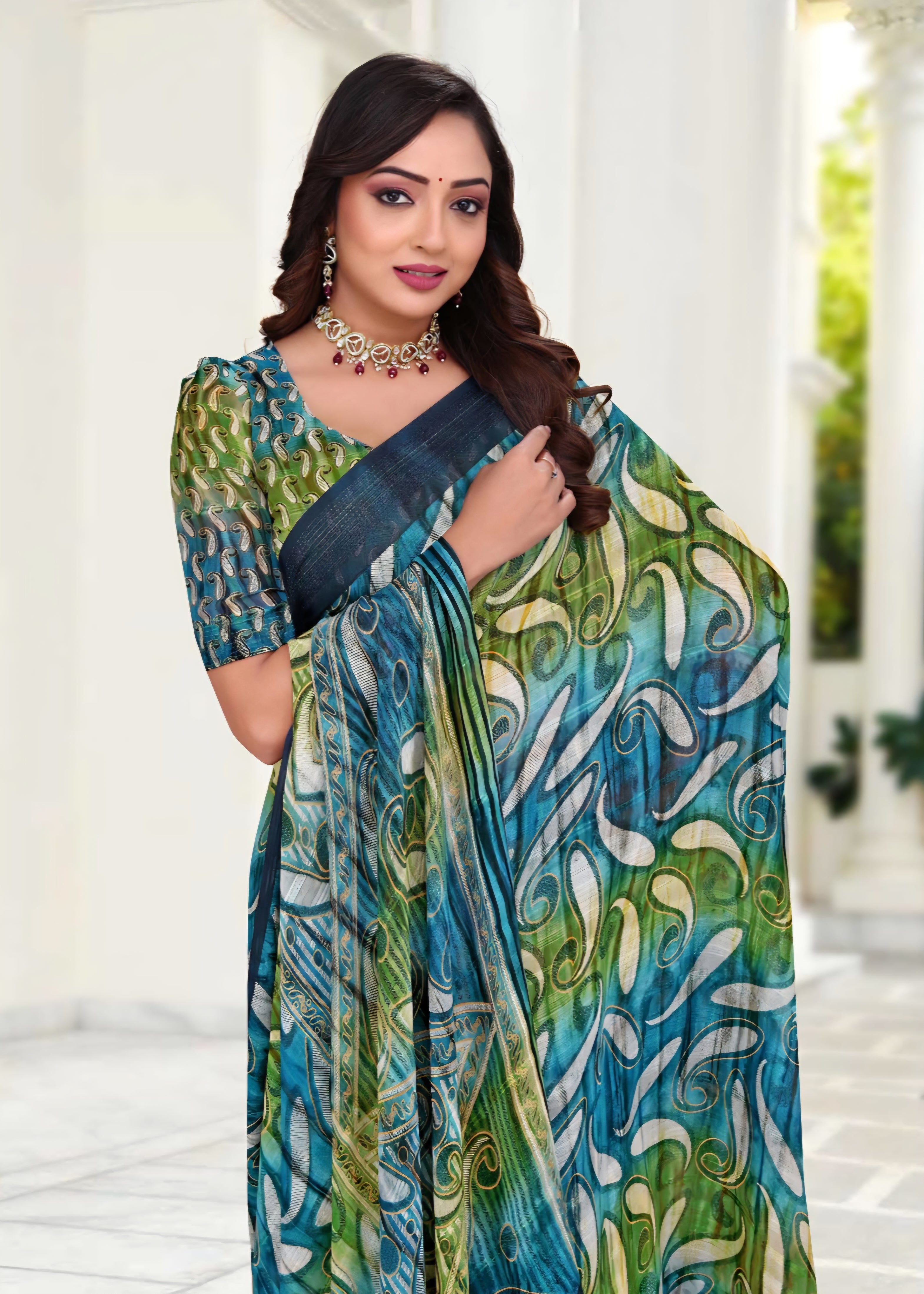 914002 Premium Georgette Saree with Unique Print - Green