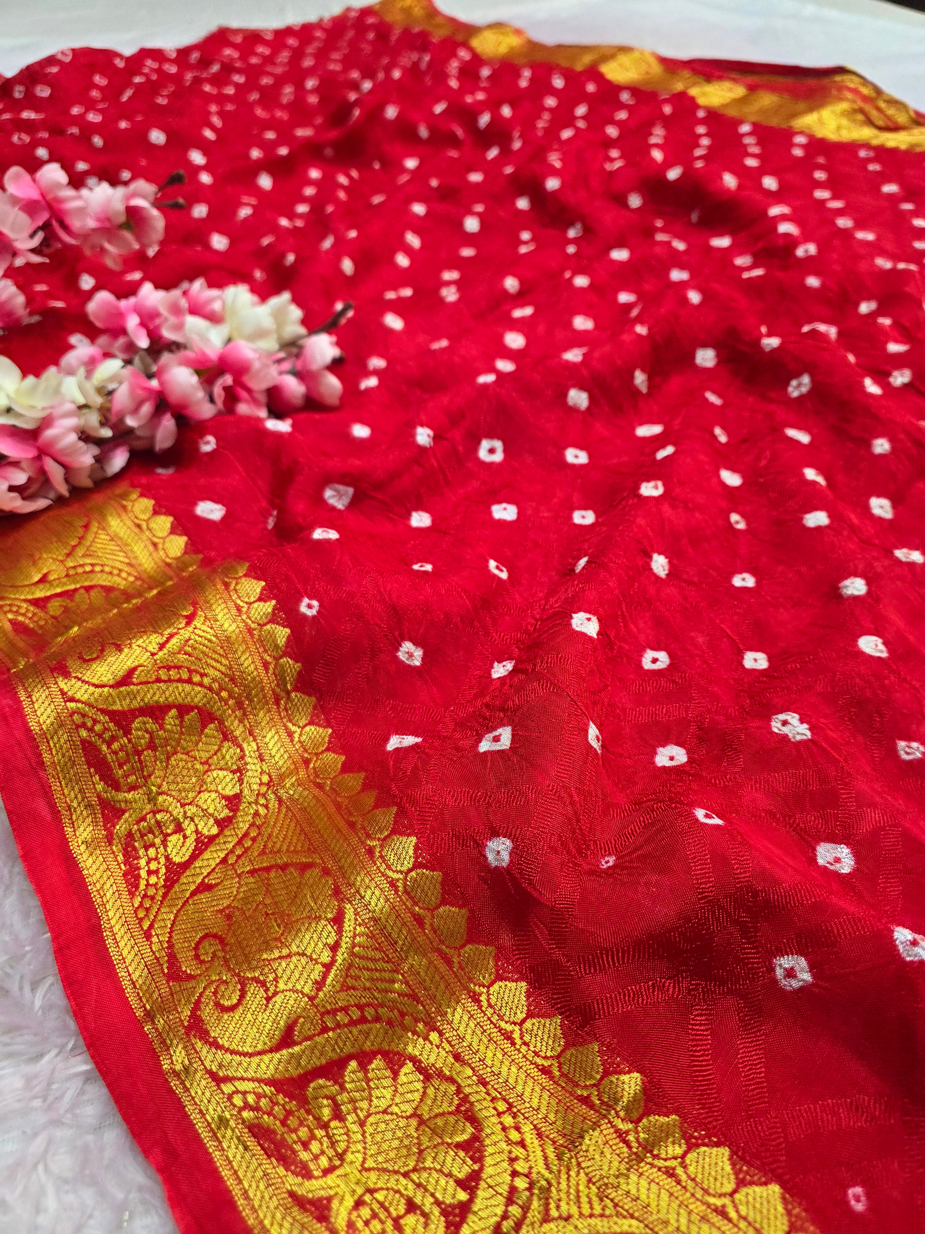 101801 Traditional Bandhani Saree with Banarasi Weaving Pallu and Border - Red