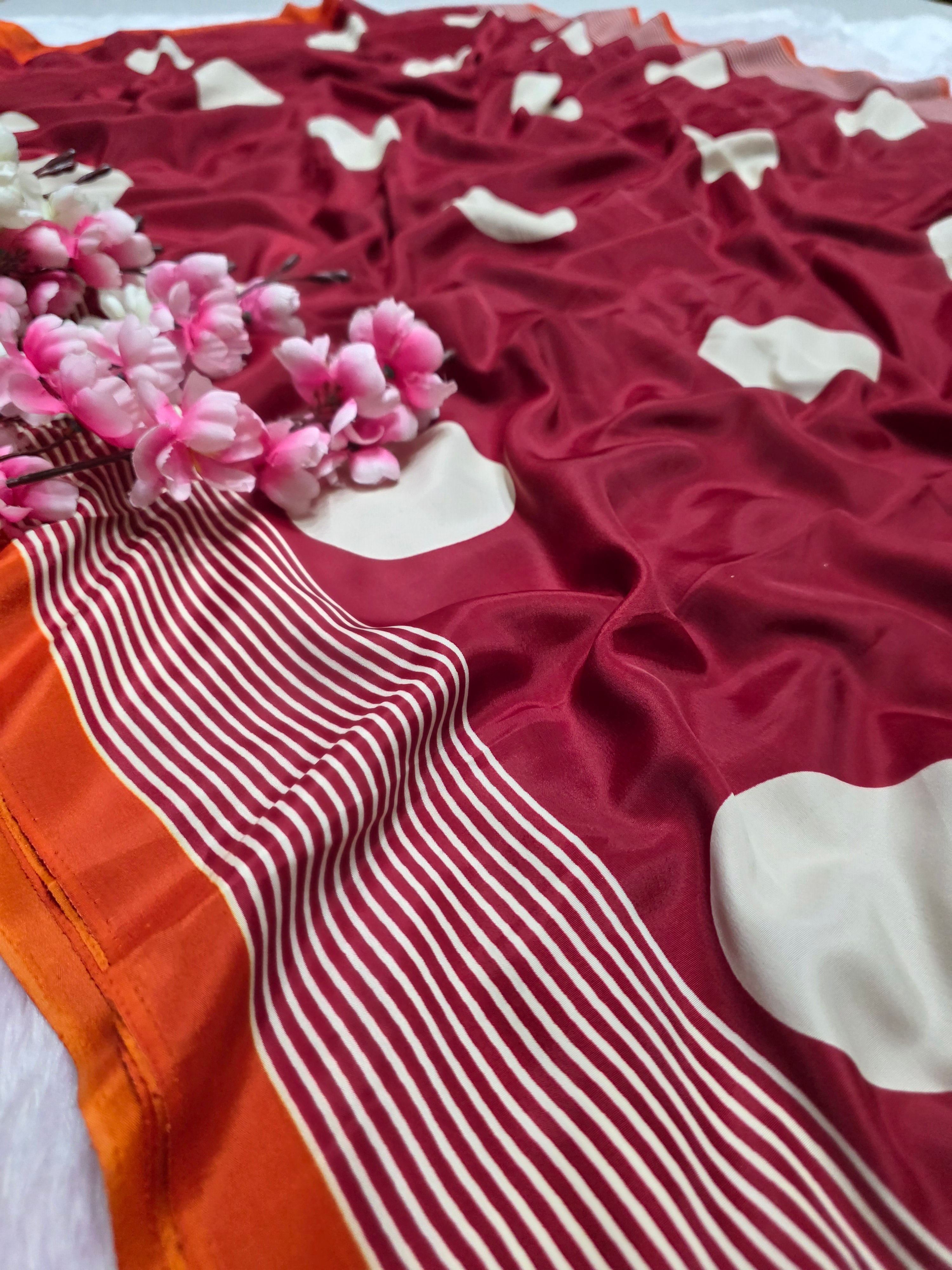 939001 Retro Style Polka Dots Print Satin Silk Saree - Maroon Red