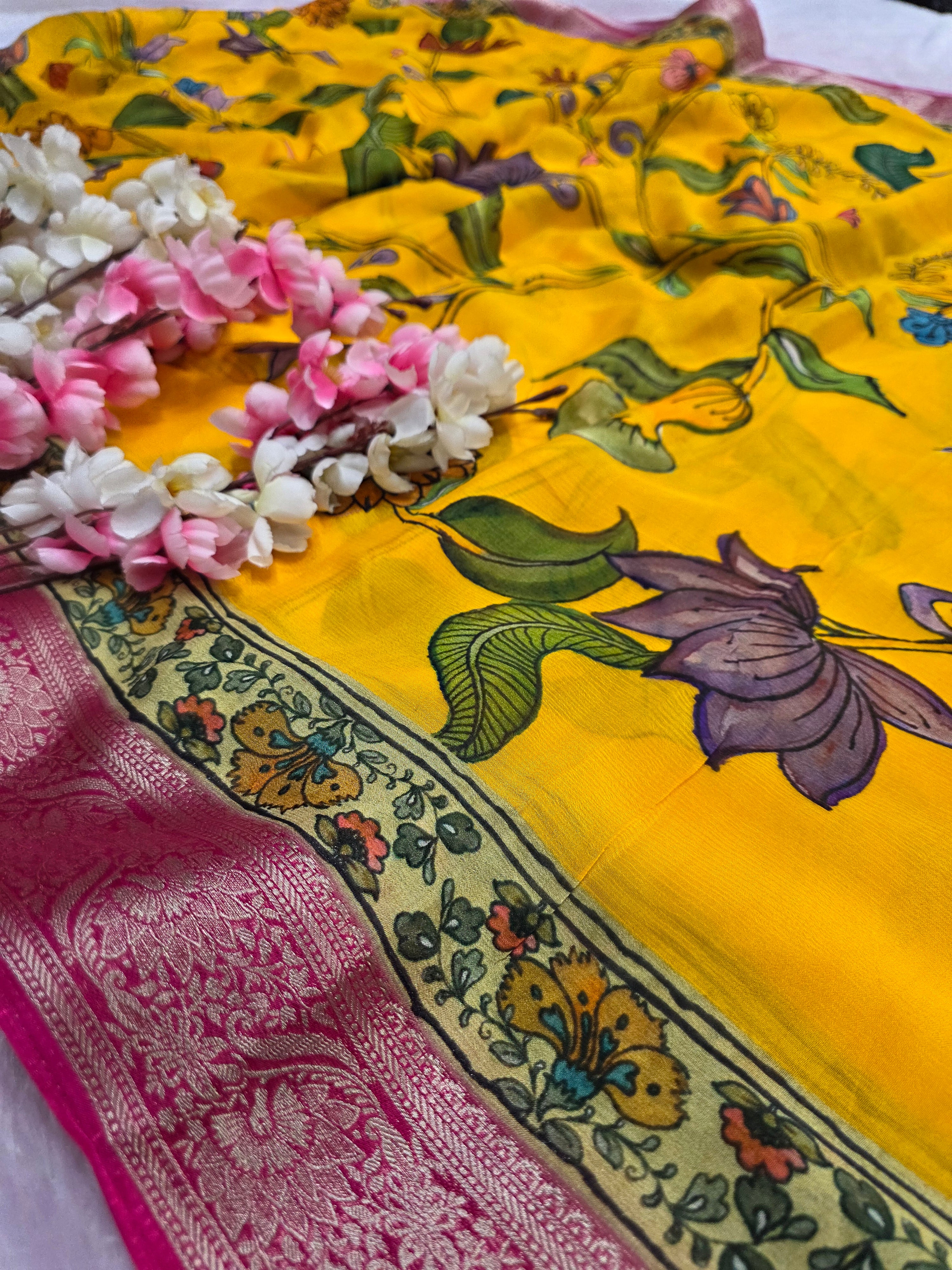 103807 Exclusive Pure Chinon Silk Traditional Print Yellow Saree with Zari Weaving Border