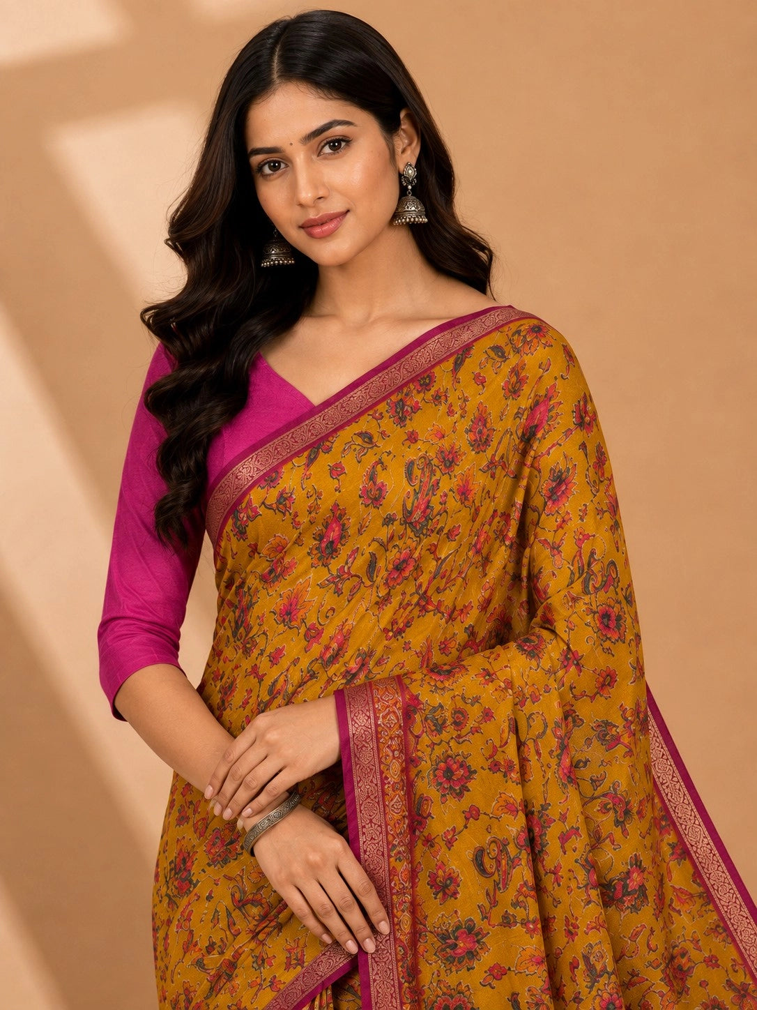 998005 Beautiful Pure Chinon Silk Traditional Flower Print Saree with Zari Weaving Border