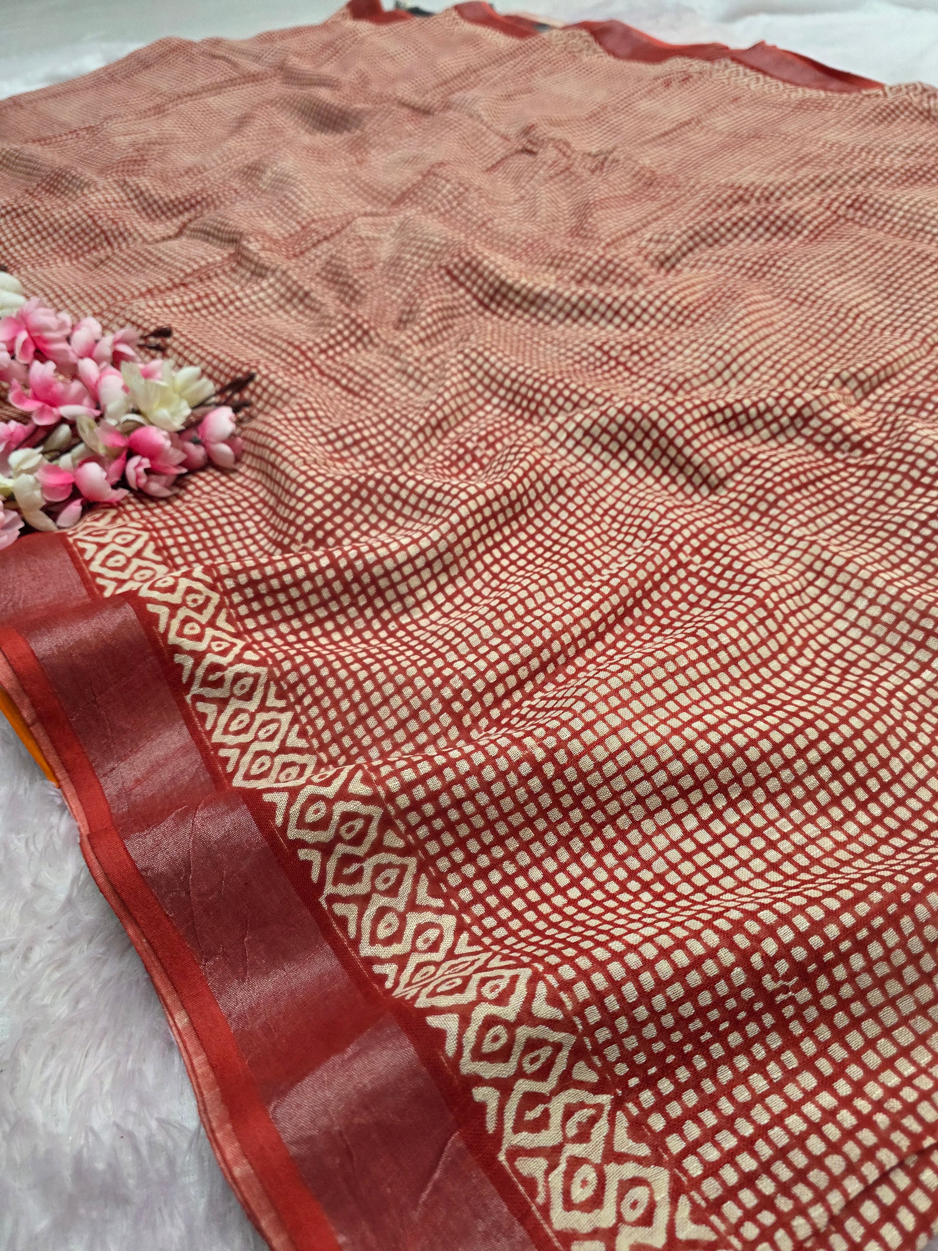 CA1441 Pure Rajasthani Natural Cotton Linen Hand Printed Saree Red Check Saree
