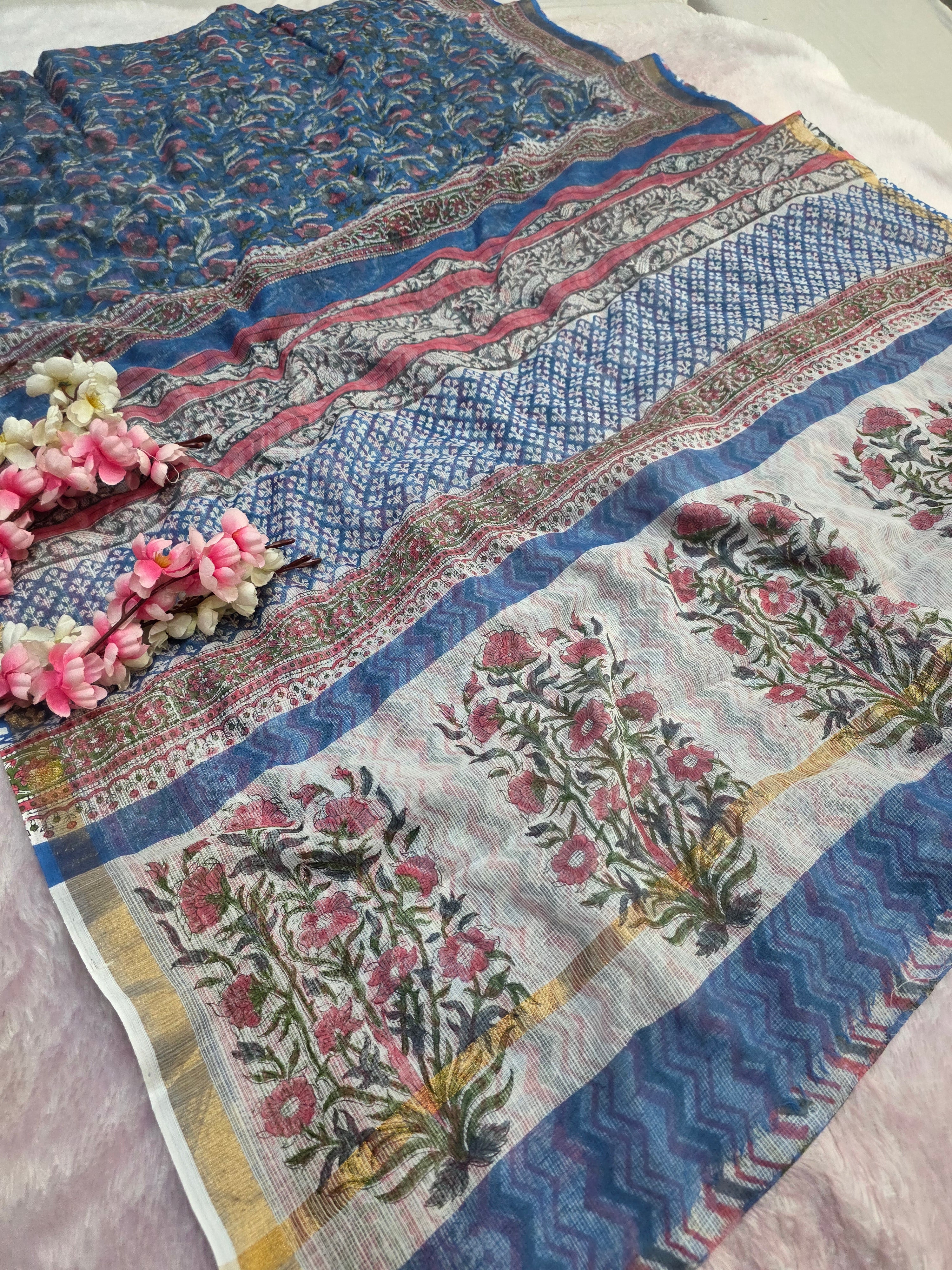 100403 Pure Handmade Flower Printed Natural Dye Kota Doria Saree