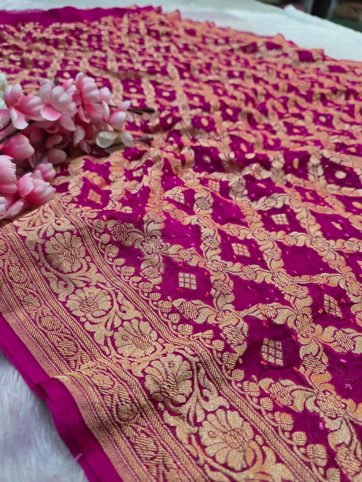 CA1527 Pure Georgette Hand Rai Bandhani Rani Color Saree