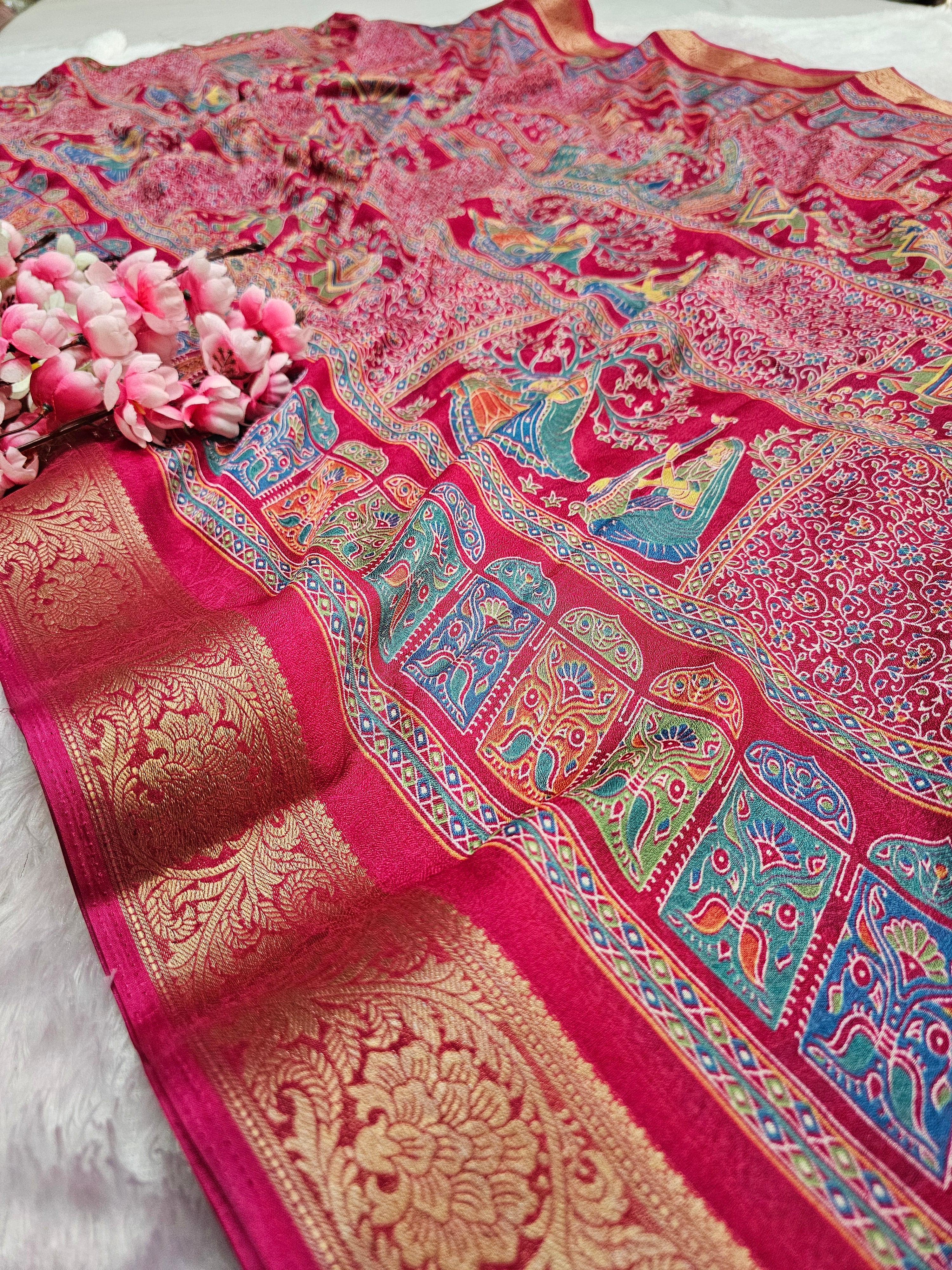 994001 Premium Kashmiri Print Self Weaving Crepe Silk Saree With Zari Weaving Border - Rani