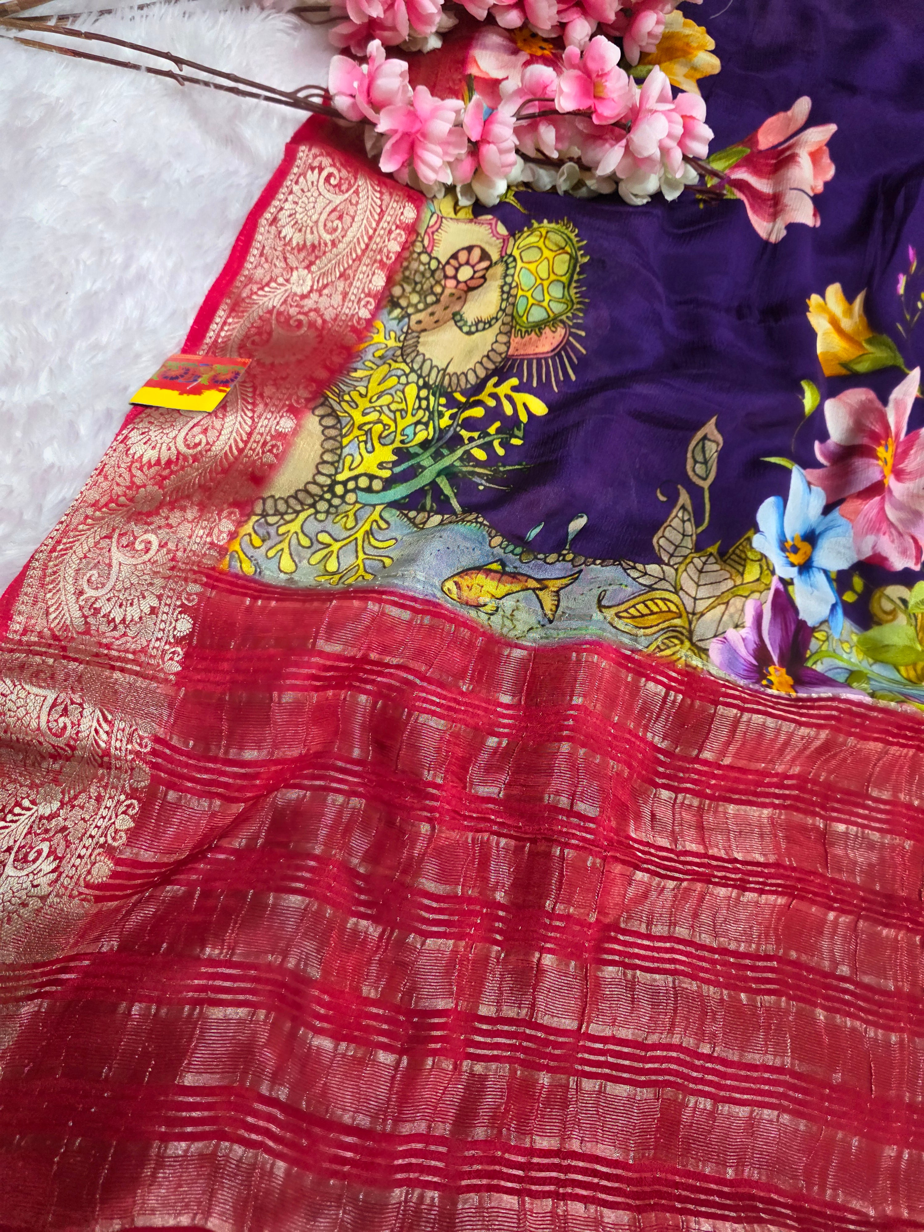 12554 Beautiful Pure Chinon Silk Traditional Print Saree with Zari Weaving Border and Heavy Brocket Blouse