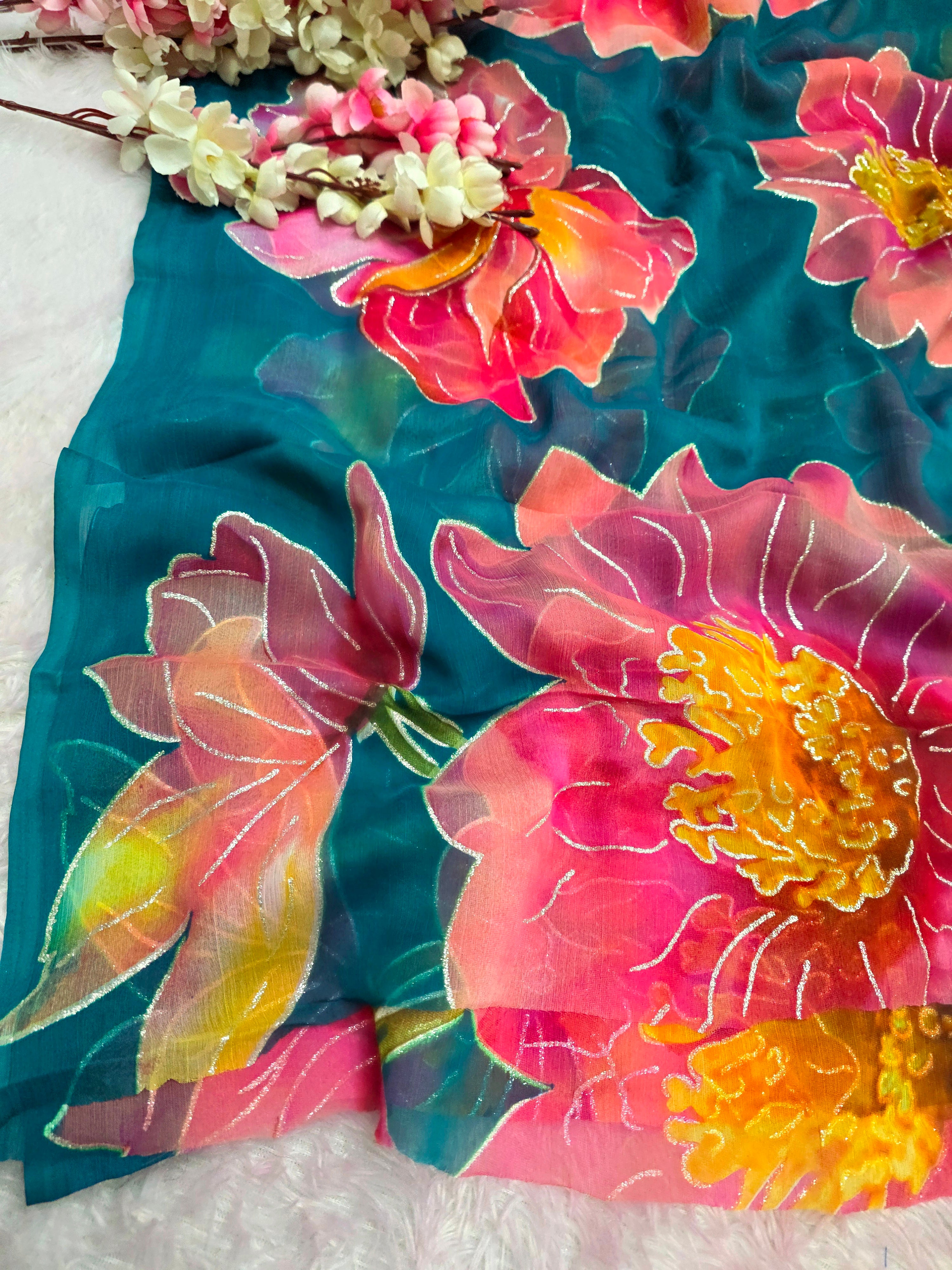 991001 Lightweight Elegant Semi Chiffon Flower Print Saree with Zari Print - Teal