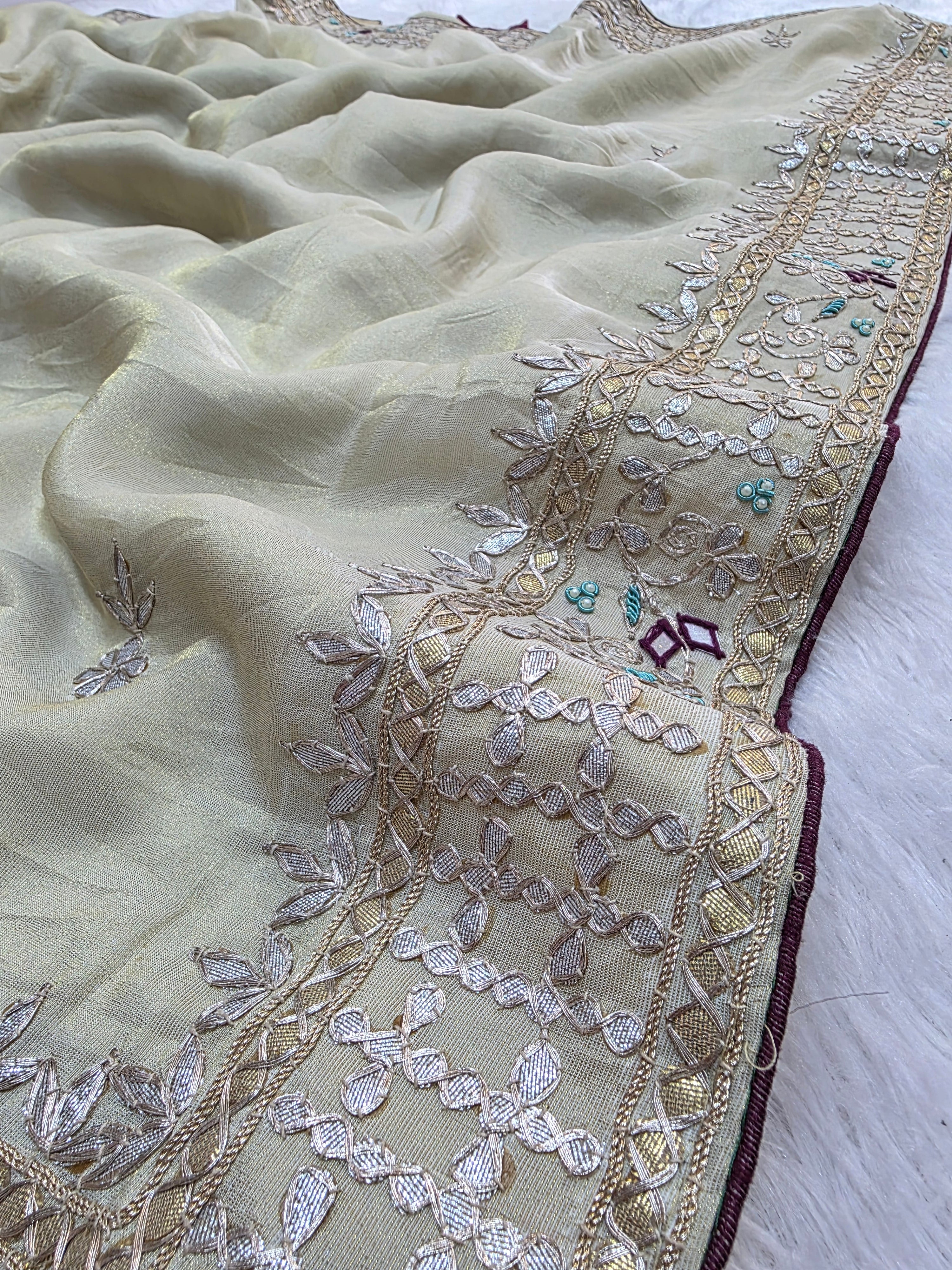 9637 Exclusive Wedding Wear Pure Golden Tissue Silk Saree With Rajasthani Gotapatti Hand Work