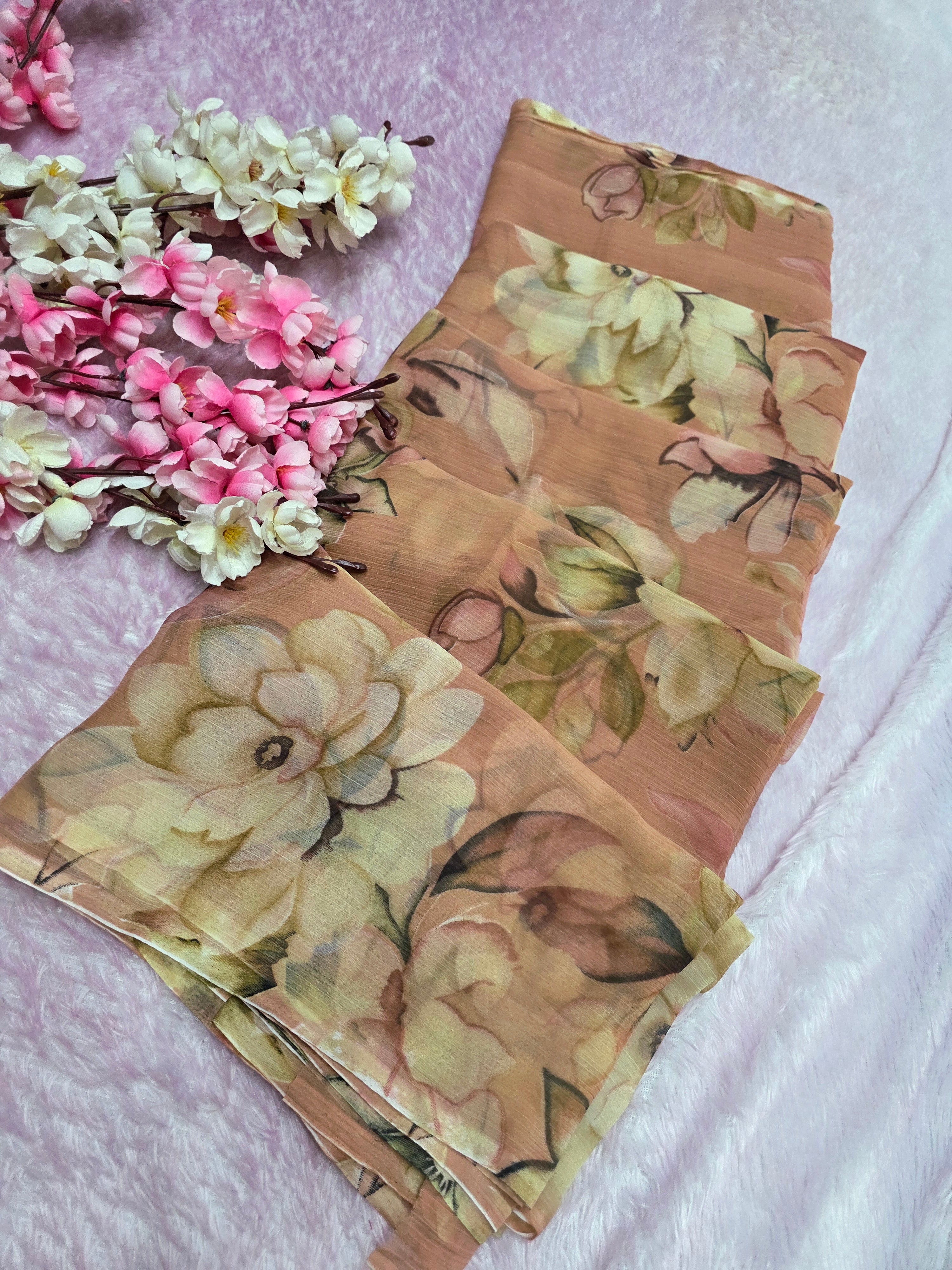 103901 Lightweight Elegant Semi Chiffon Flower Print Saree - Dusty Peach