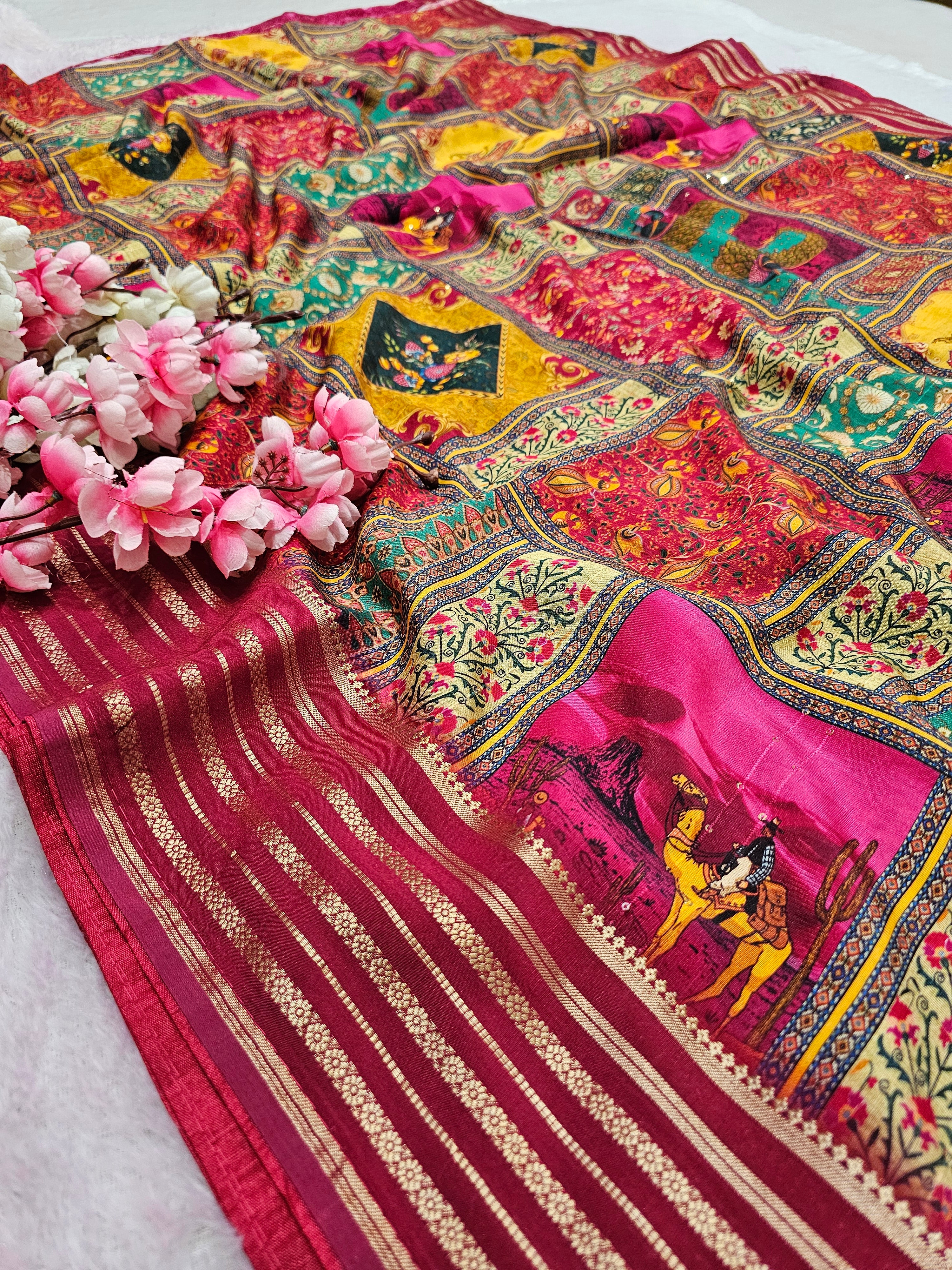 100803 Chitra Special Pure Maslin Silk Designer Rajasthani Print Saree with Zari Weaving