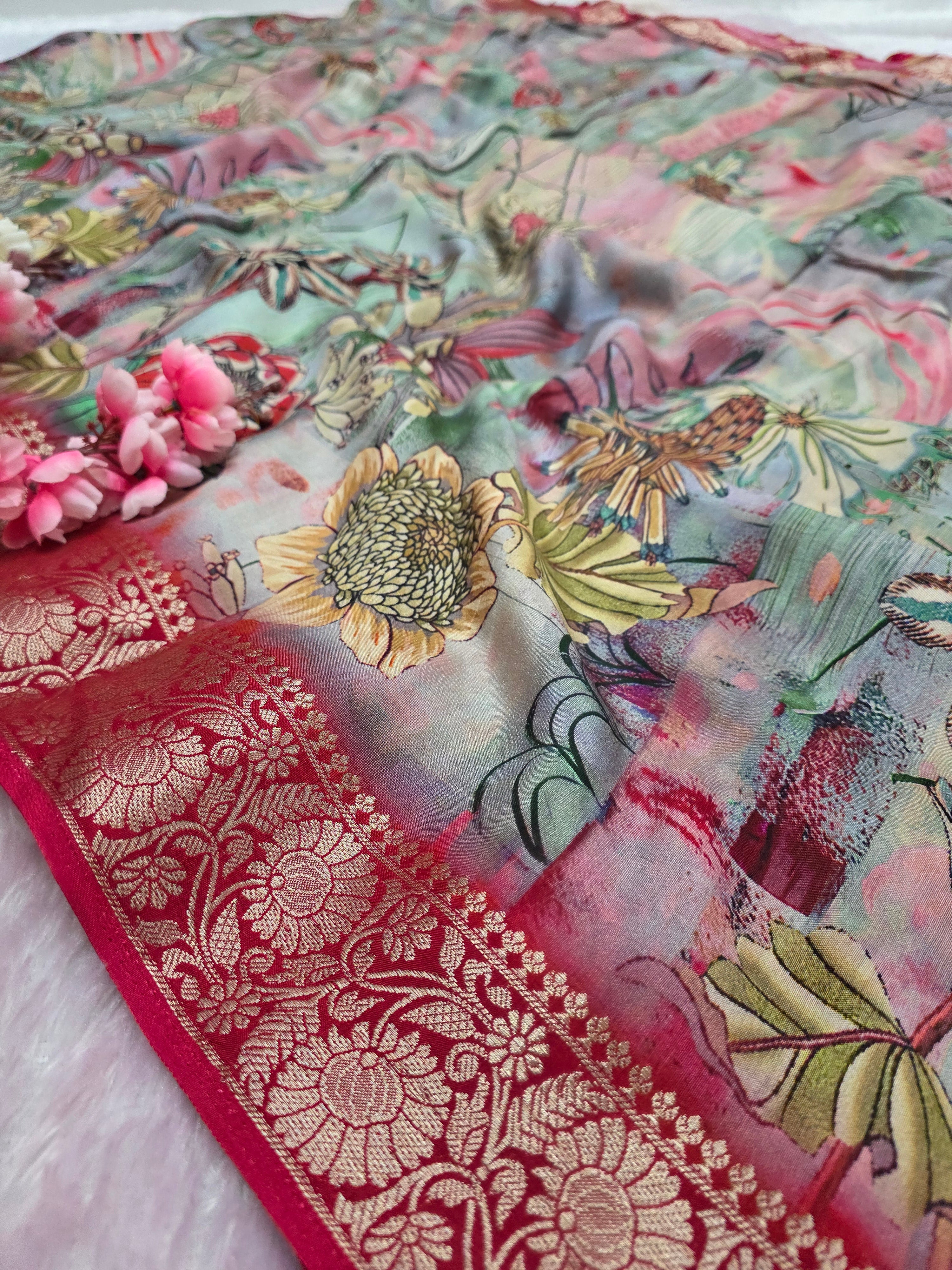 103203 Exclusive Pure Maslin Silk Traditional Print Saree with Zari Weaving Border