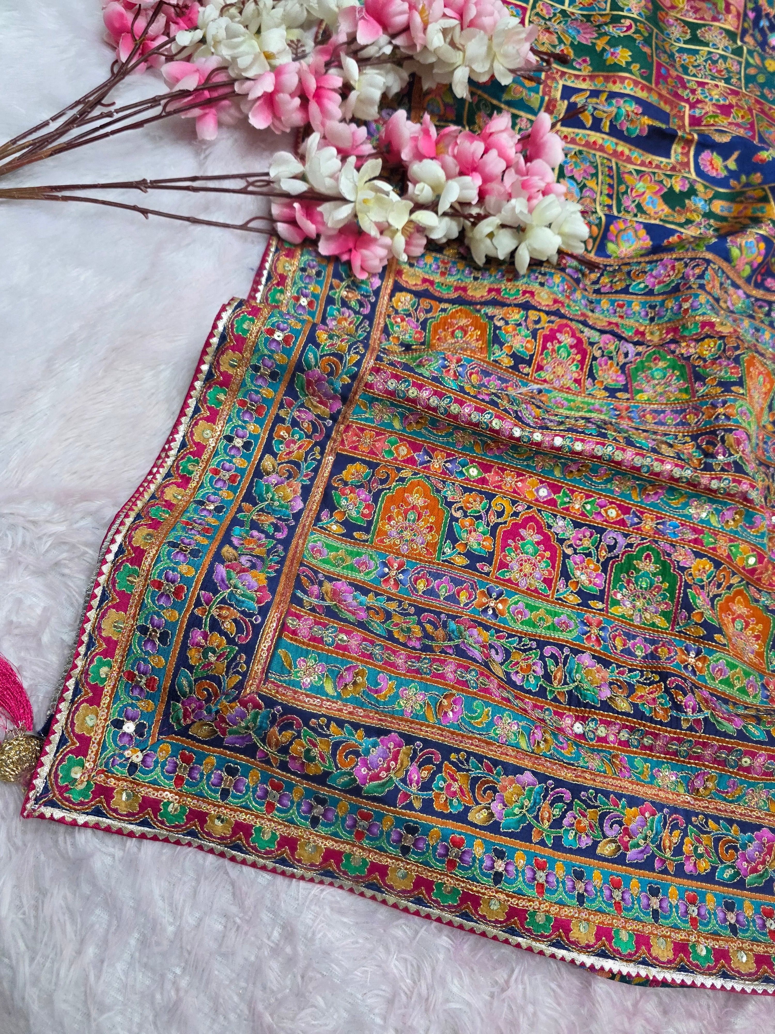 1058 Royal Kashmiri Pashmina Saree with Designer Stitched Blouse - Blue
