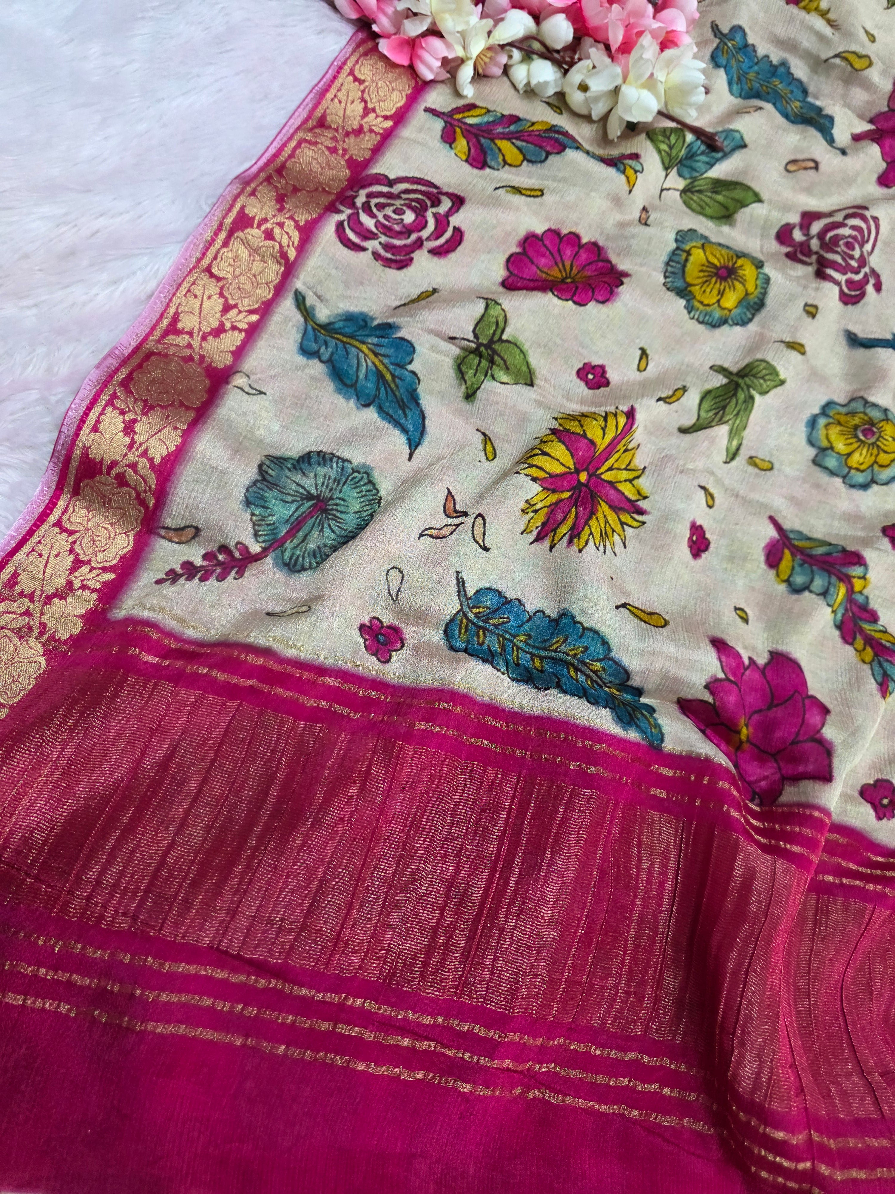 CA0722 Exclusive Pure Chinon Silk Flower Print Saree with Zari Weaving Border Beige