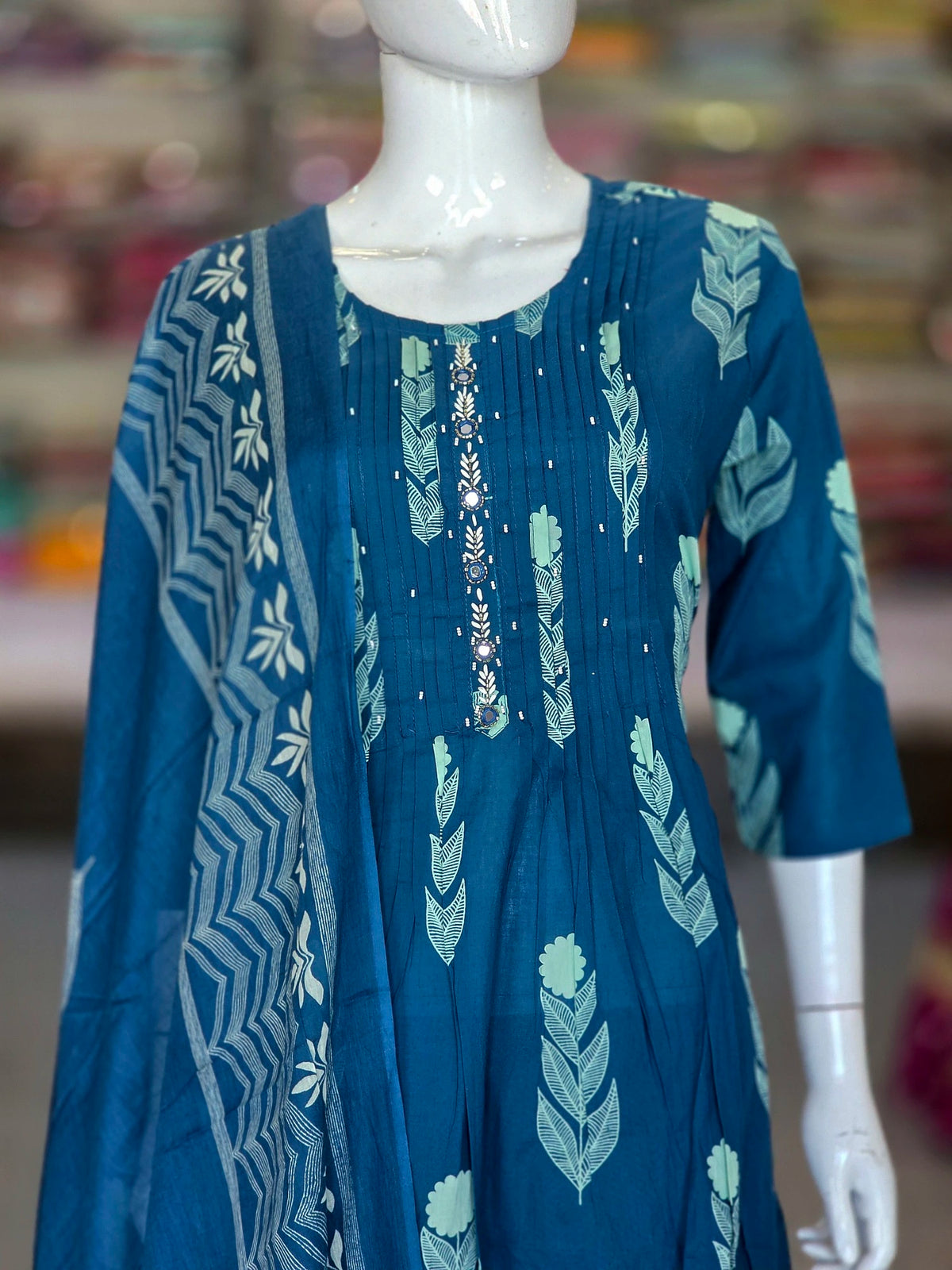 1849 Pure Cotton A-Line Flower Print Cotton Kurti Set With Pant and Dupatta - Blue