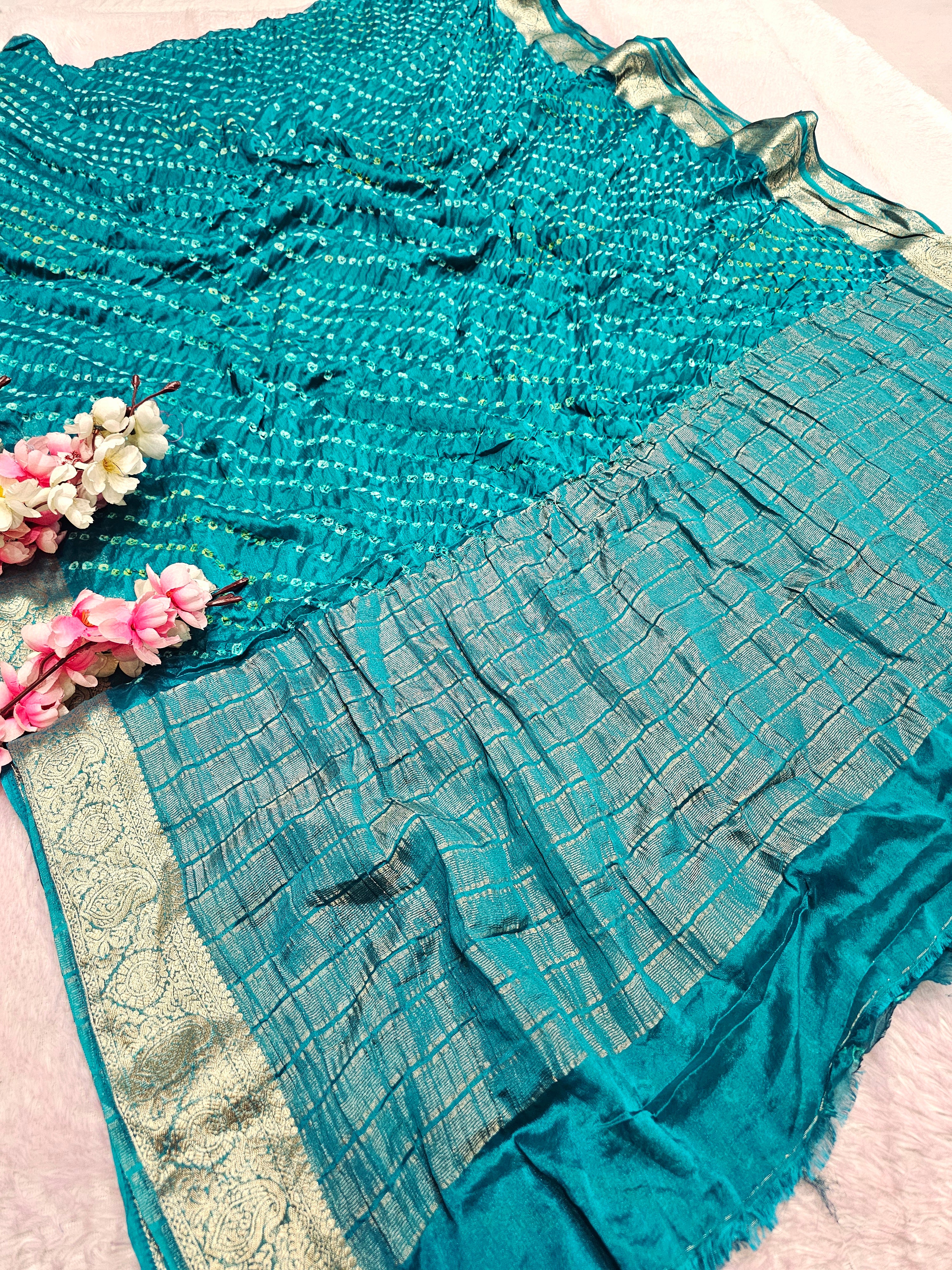 12529 Traditional Hand Bandhani Chinon Silk Soft Saree - Teal