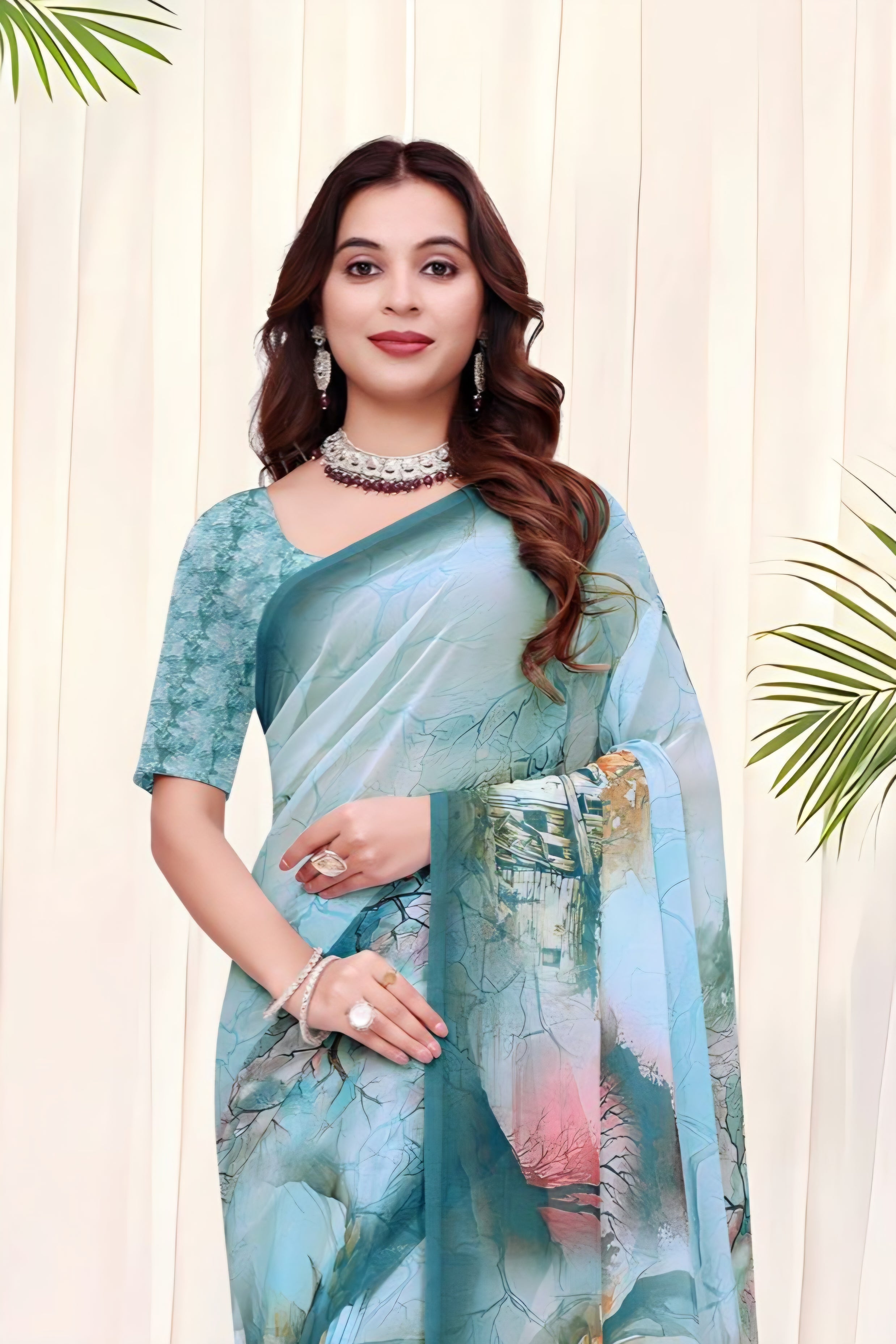 695012 डिजिटल फ्लावर प्रिंट जॉर्जेट क्रेप साड़ी