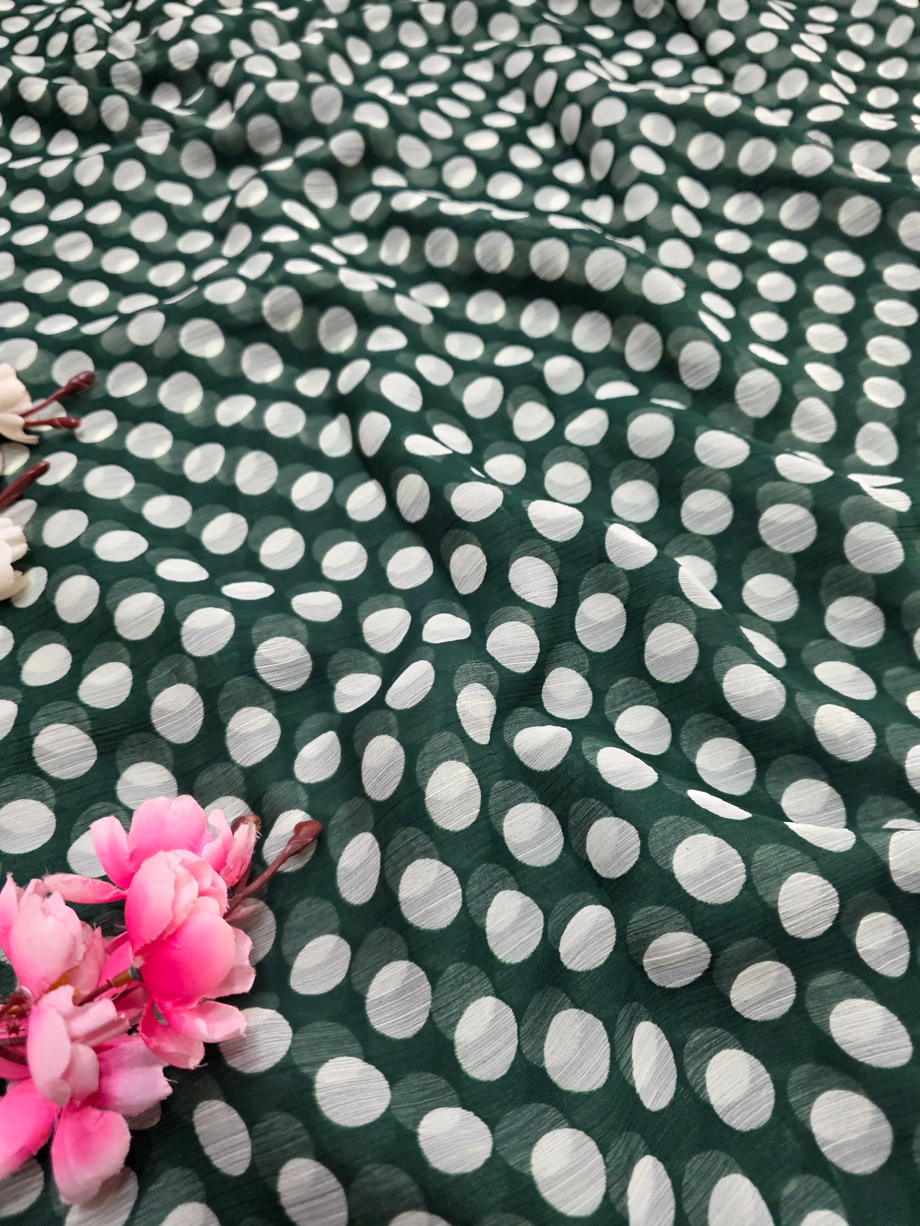 845003 Lightweight Elegant Semi Chiffon Polki Dot Print Saree - Green White