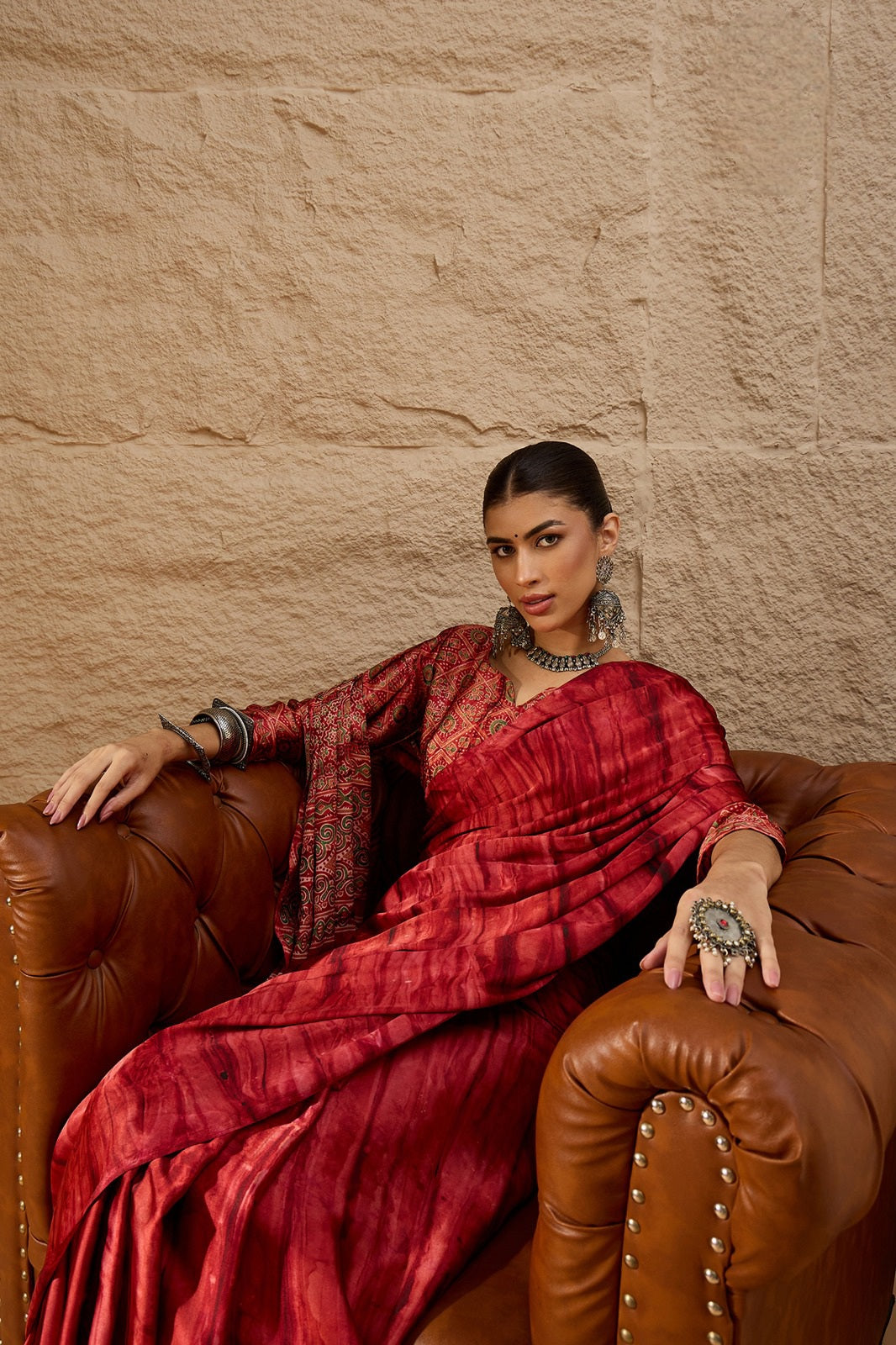 917007 Trending Ajrakh Print with Shibbori Semi Modal Silk Saree - Red